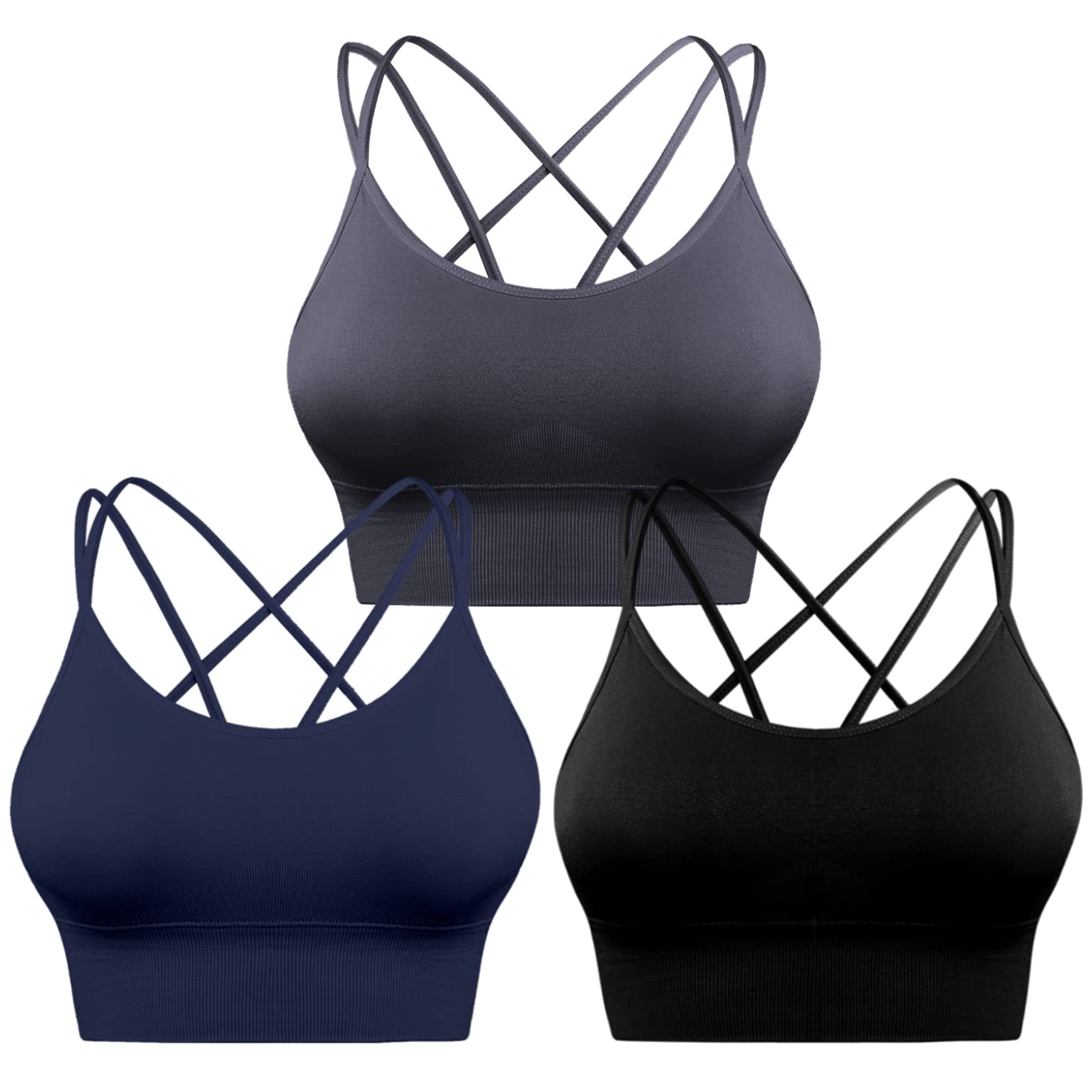 Sykooria 3 Pack Women's Strappy Sports Bra - Sexy Crisscross Yoga Bra for Running, Gym Workout & Fitness - Breathable & Supportive Activewear for Yoga, HIIT, Pilates & Daily Wear