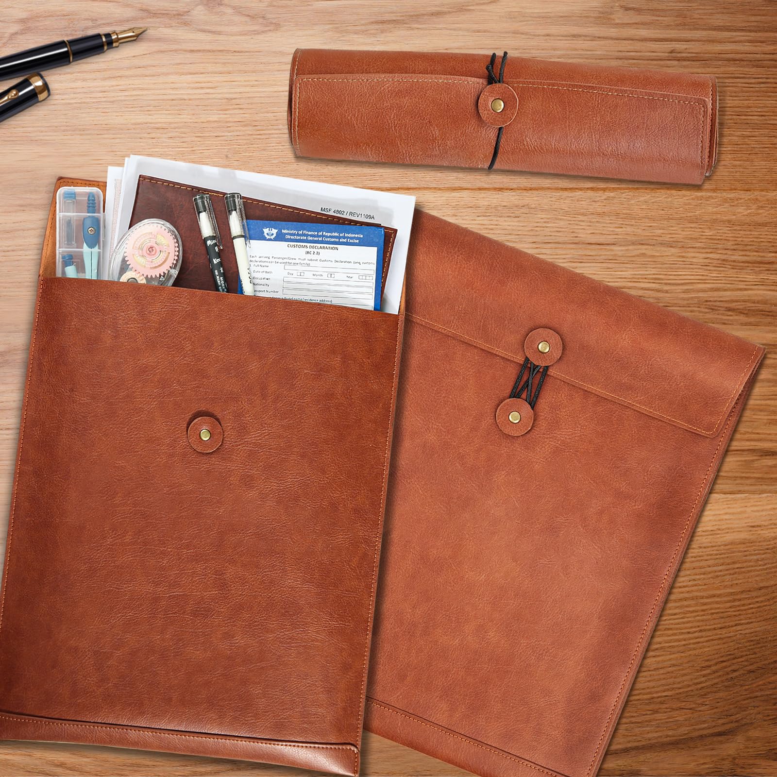 Premium Brown PU Leather File Folders - Letter Size Document Organizer with Secure String Tie Closure | Ideal for Office, School & Business Professionals | Laptop Sleeve, Notebook Case & Portfolio Binder Alternative