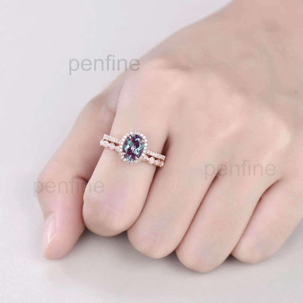 Alexandrite Engagement Ring with Waverly Diamond Halo & Opal Wedding Band Set (2-Piece) | Vintage Inspired Bridal Jewelry for Proposals, Anniversaries & Special Occasions