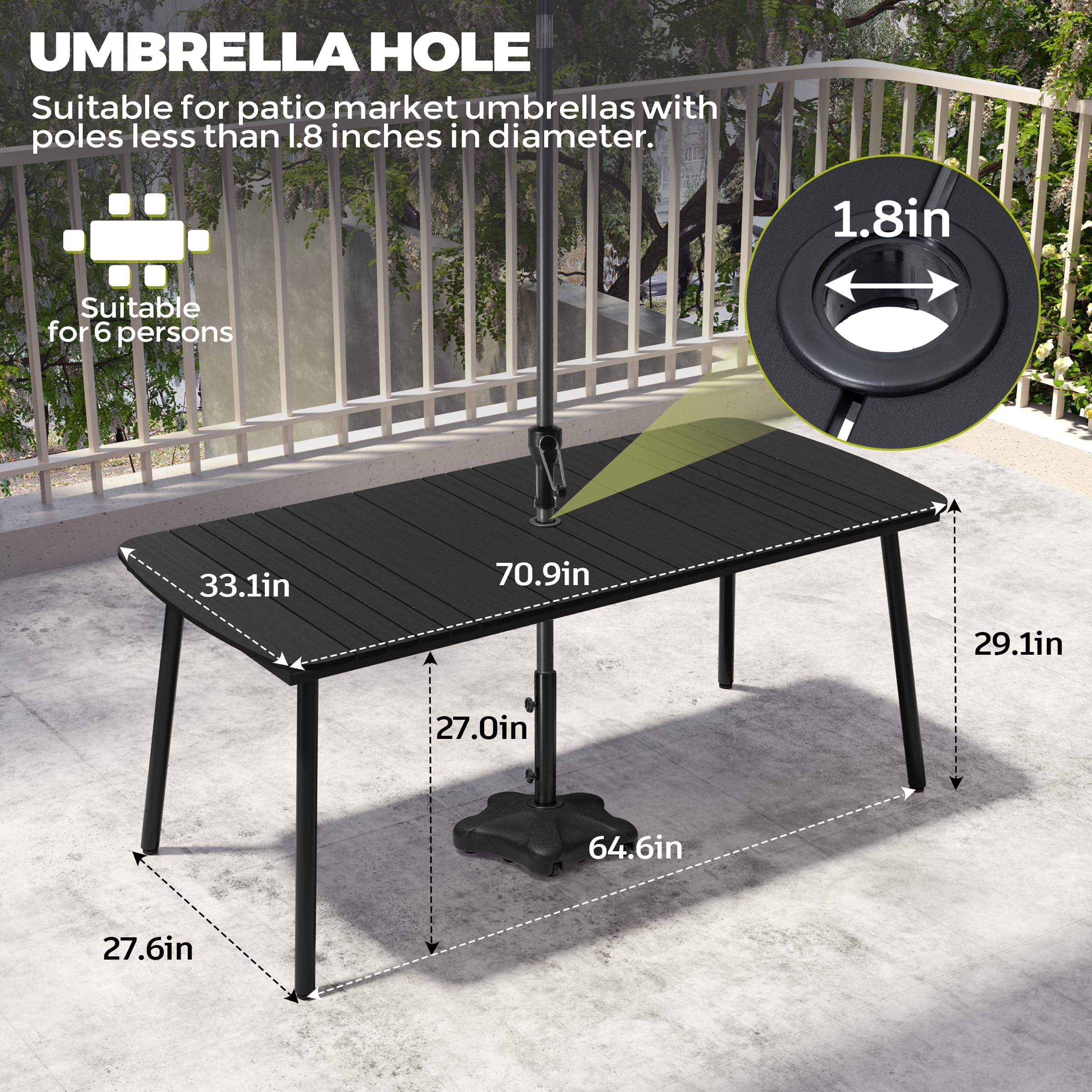 Crestlive 70-Inch Rectangle Outdoor Dining Table for 6 - Weather-Resistant Aluminum Frame & Wood-Like Tabletop with Umbrella Hole - Perfect for Patio, Garden, Lawn, Backyard & Outdoor Entertaining