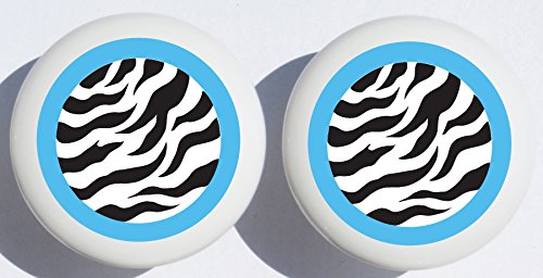 Blue and Black Zebra Print Drawer Pulls - Polka Dot Ceramic Cabinet Knobs - Safari Nursery Room Decor (Set of 2) - Perfect for Kids' Bedroom, Playroom, and Jungle-Themed Home Decor