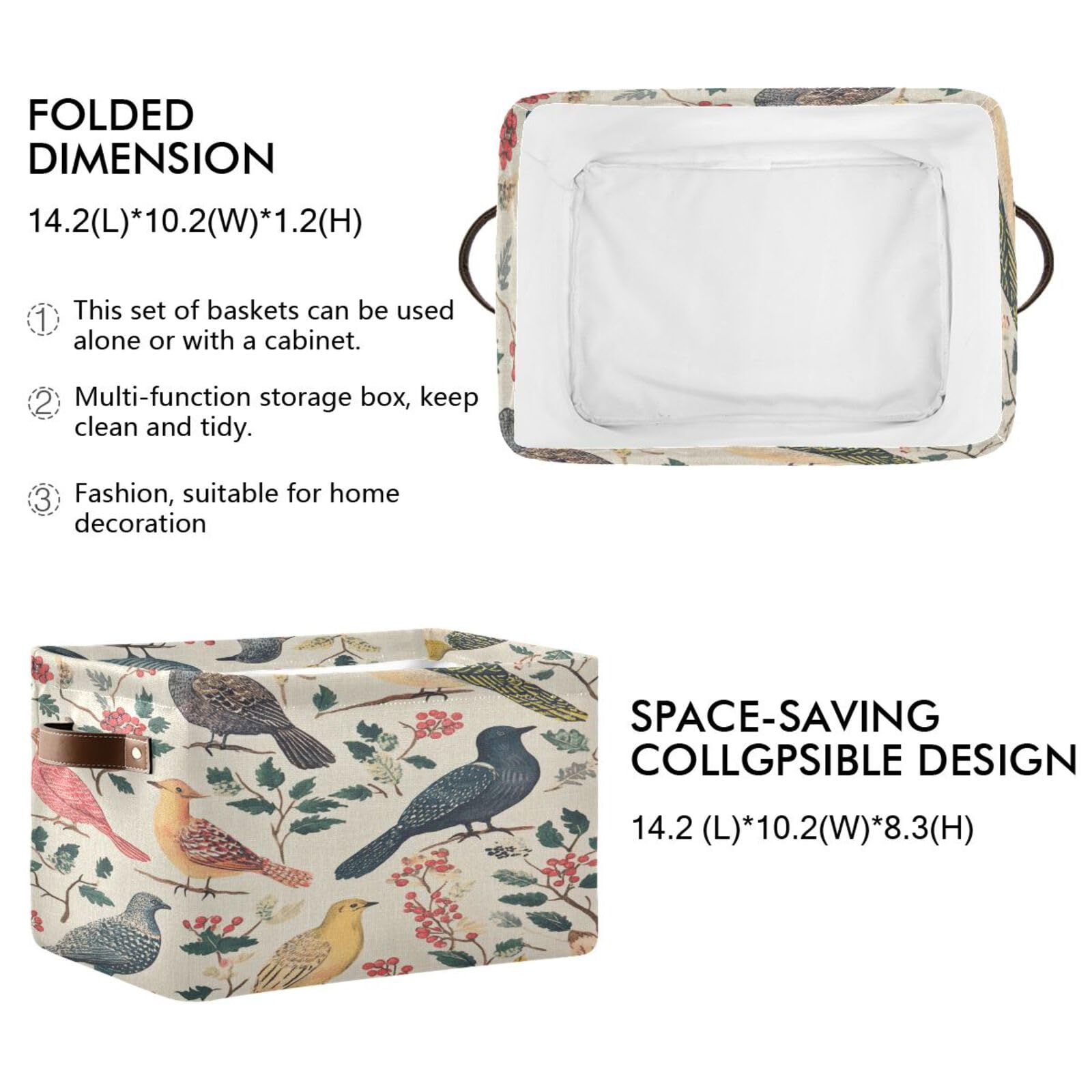 Large Fabric Storage Bins with Handles - Vintage Birds Collapsible Baskets for Clothes, Toys & Home Organization