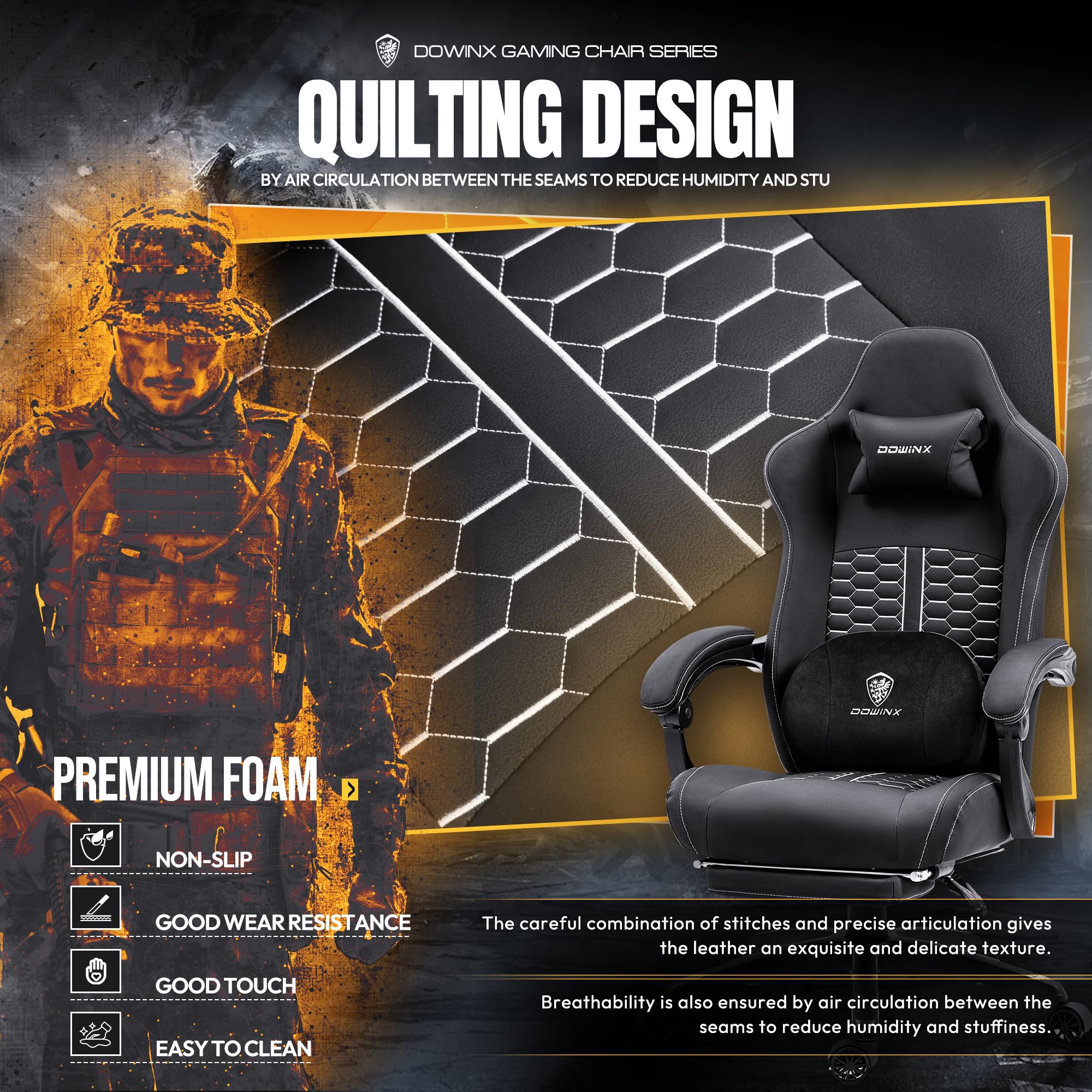 Dowinx Ergonomic Gaming Chair with Heated Massage & Lumbar Support - Reclining PC Office Chair with Pocket Spring Cushion & Footrest - High Back Computer Chair for Adults (330lbs Capacity, Black) - Perfect for Esports, Streaming & Home Office Work