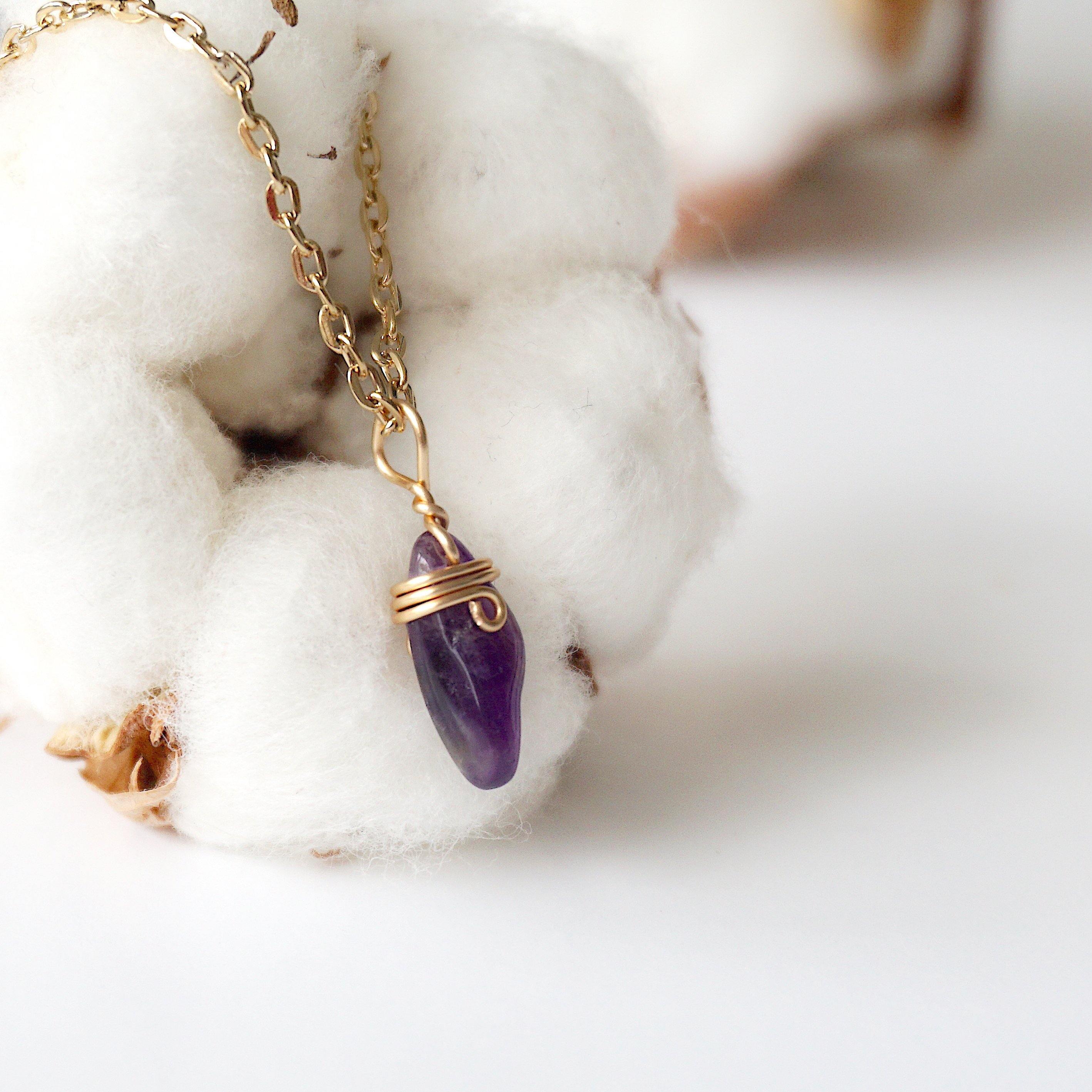 Amethyst Necklace - Gold Plated Brass Wrapped Charm Pendant Jewelry for Women - Perfect for Gifts, Meditation & Spiritual Healing