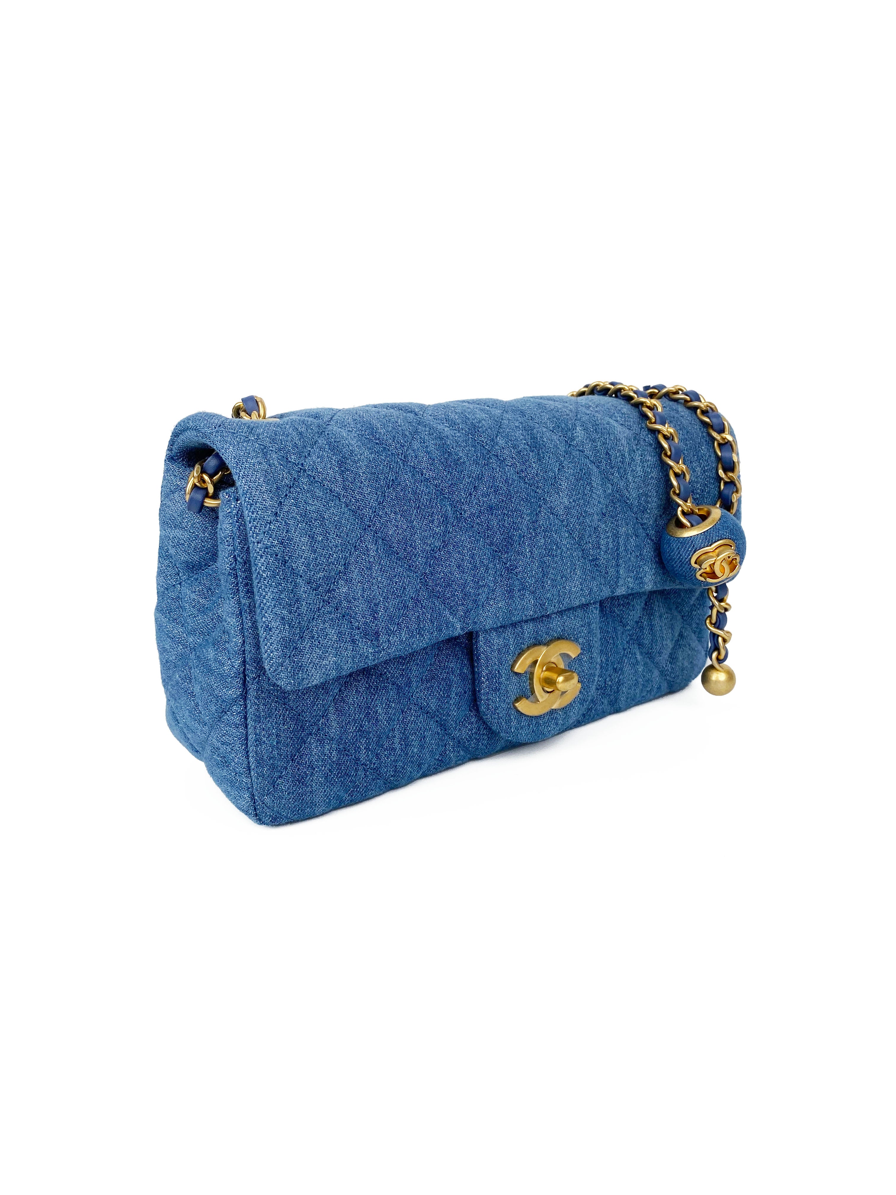 Chanel Mini Denim Classic Flap Bag with Pearl Crush Chain - Luxury Designer Crossbody Purse for Women | Perfect for Date Night, Parties & Everyday Use