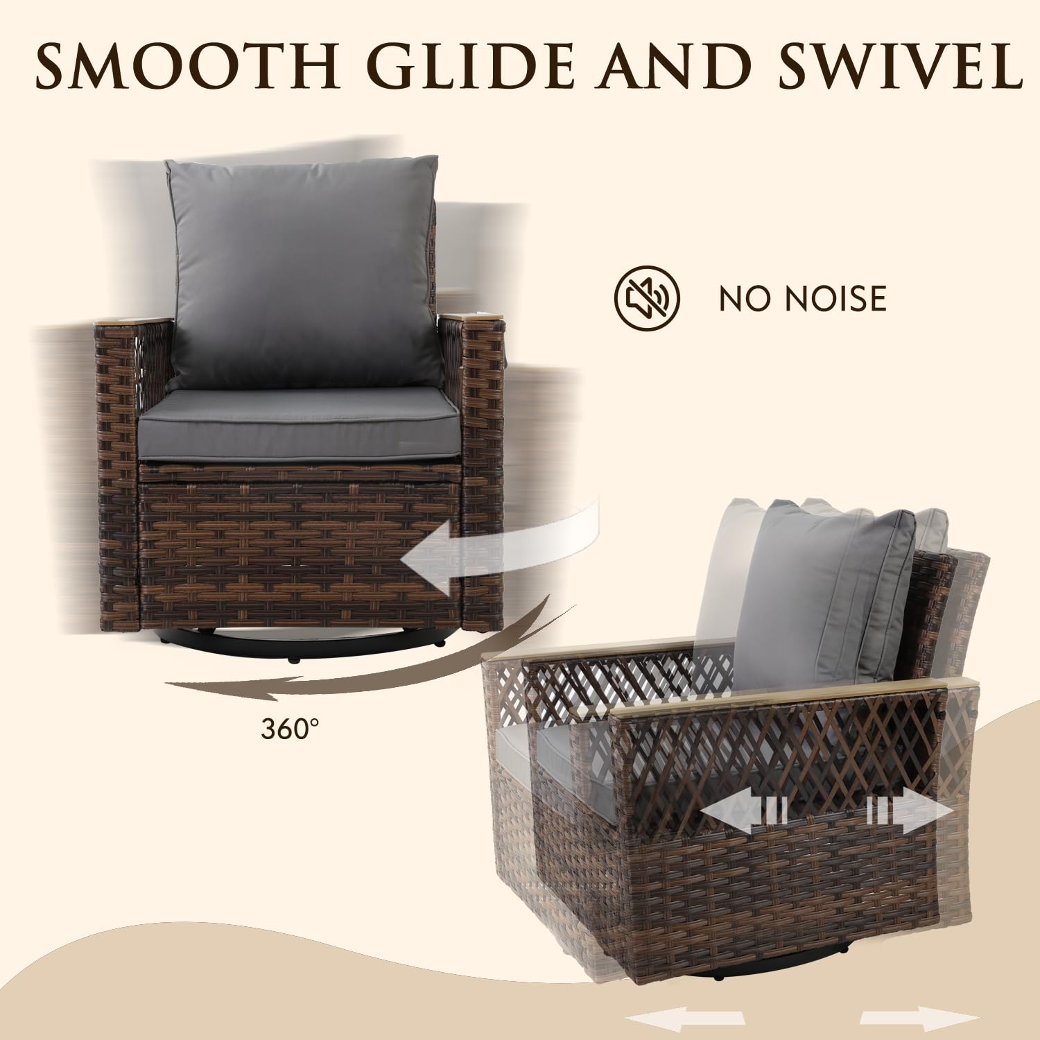 MELLCOM 3-Piece Outdoor Patio Furniture Set - All-Weather Swivel Rocking Chairs with Side Table & Waterproof Cushions for Garden, Backyard, Deck - High Back Comfort Bistro Set for Relaxing & Entertaining