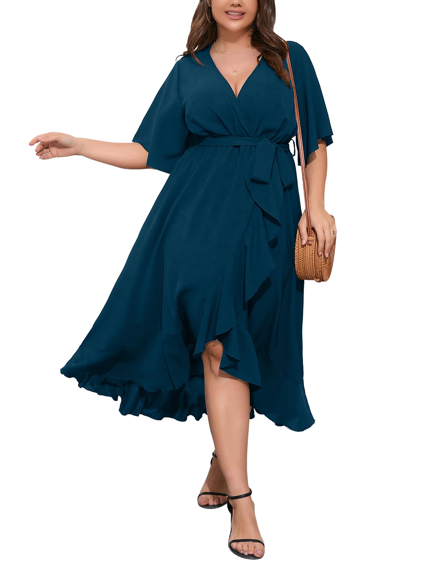 SCOMCHIC Women's Plus Size Maxi Dress - Short Sleeve Wrap V-Neck High-Low Split Ruffle Long Summer Dress for Beach, Vacation & Special Occasions