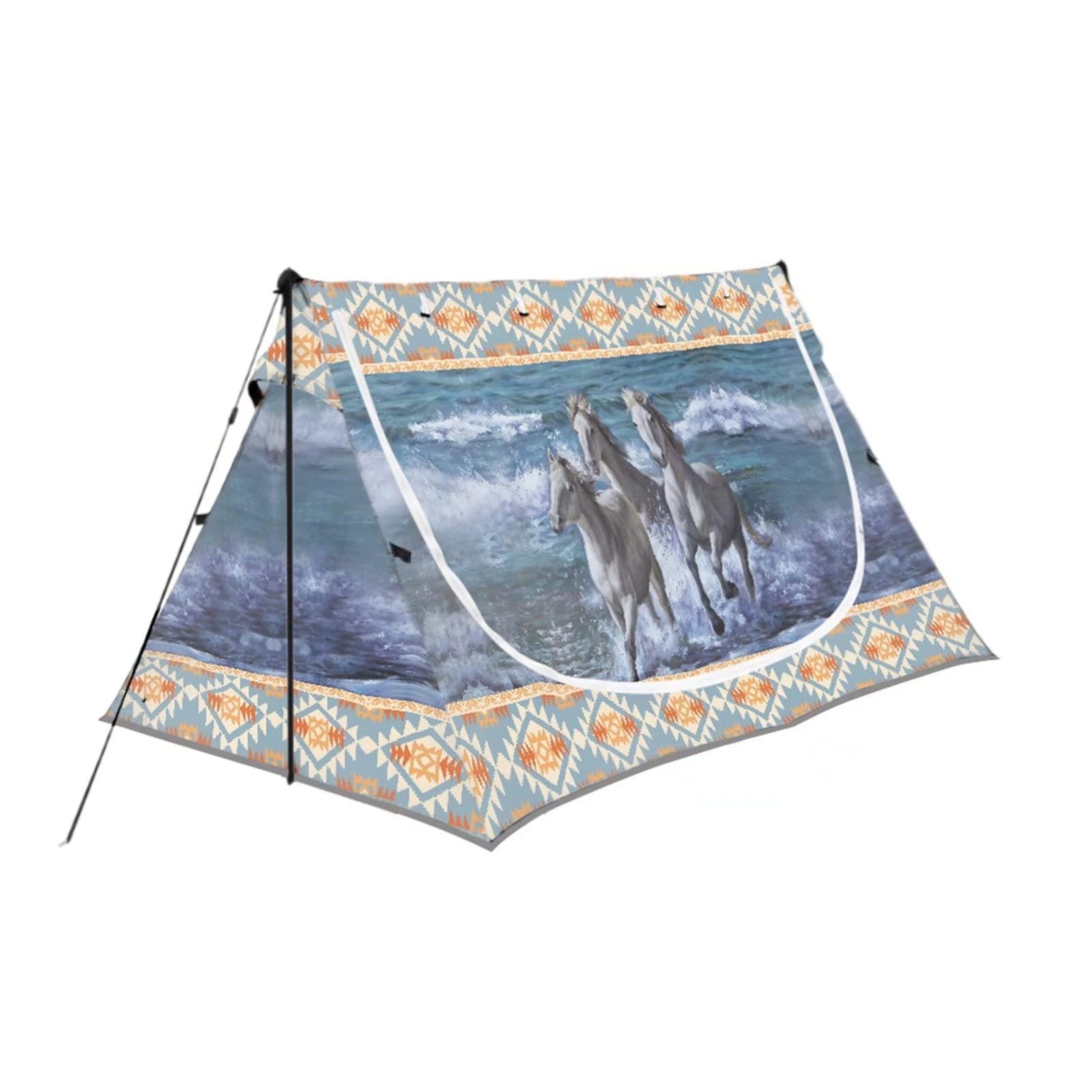 BYCHECAR Aztec Small Tent for Camping - 1-2 Person Waterproof Backpacking Tent for Women & Girls - Lightweight & Portable for Hiking, Backpacking, and Outdoor Adventures (Horse Ocean Color)