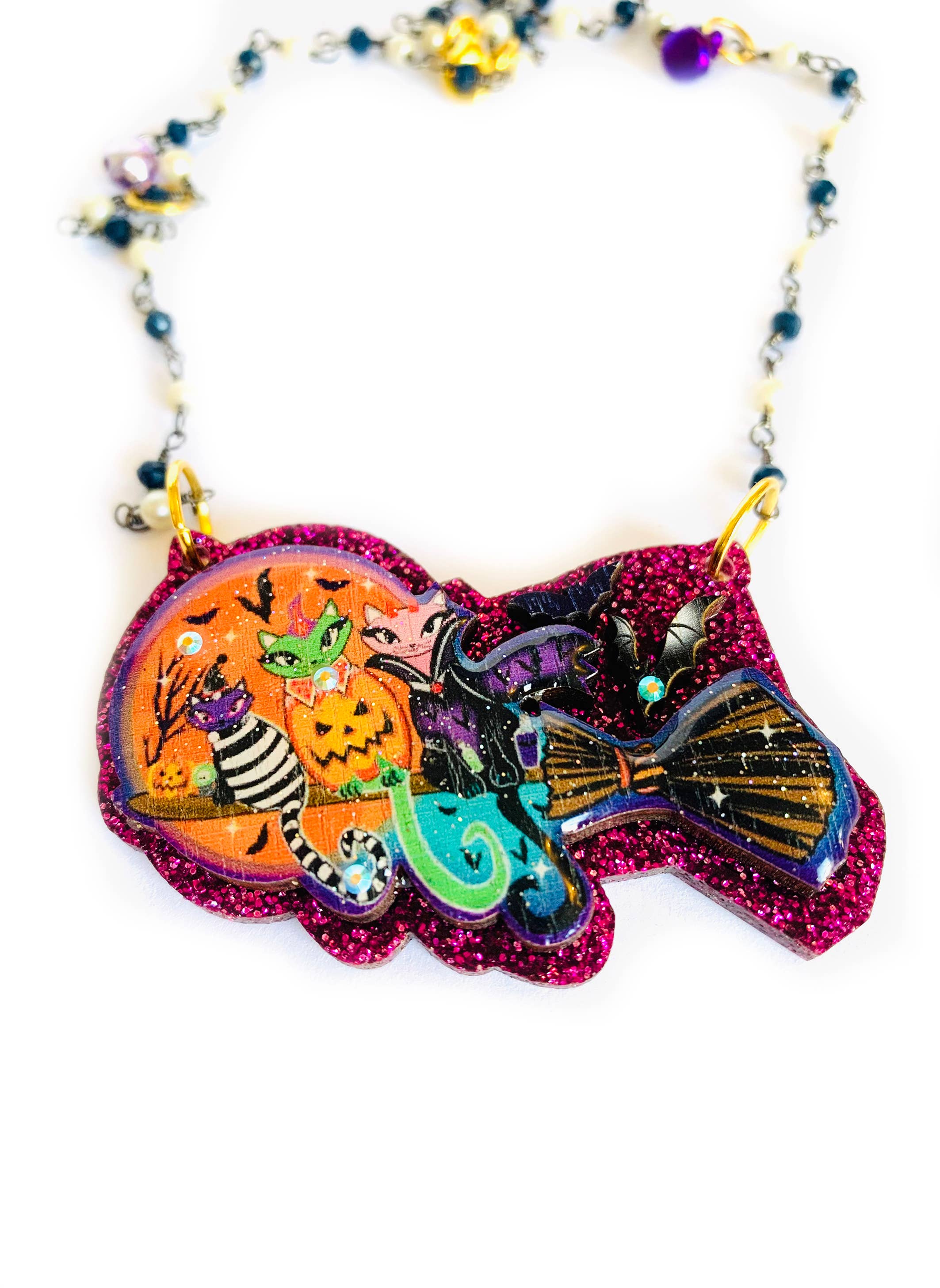 Rosie Rose Parker Cats on a Broom Necklace - Halloween Cat Witch Jewelry for Women, Perfect for Halloween Costume Accessories & Witchy Fashion