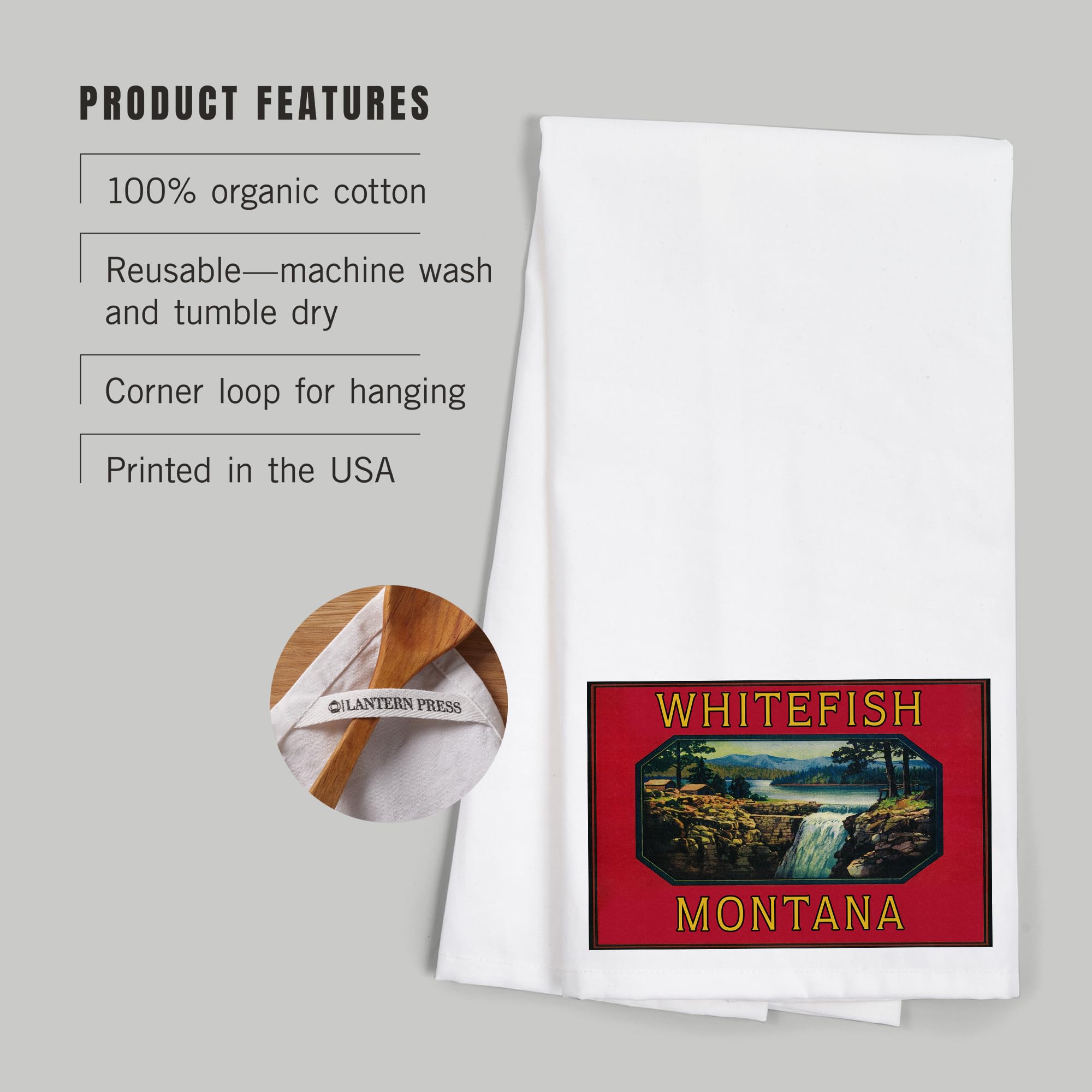 Lantern Press Whitefish Montana Orange Label 100% Cotton Tea Towel - Decorative Kitchen Hand Towel for Home, Dish Drying & Farmhouse Decor