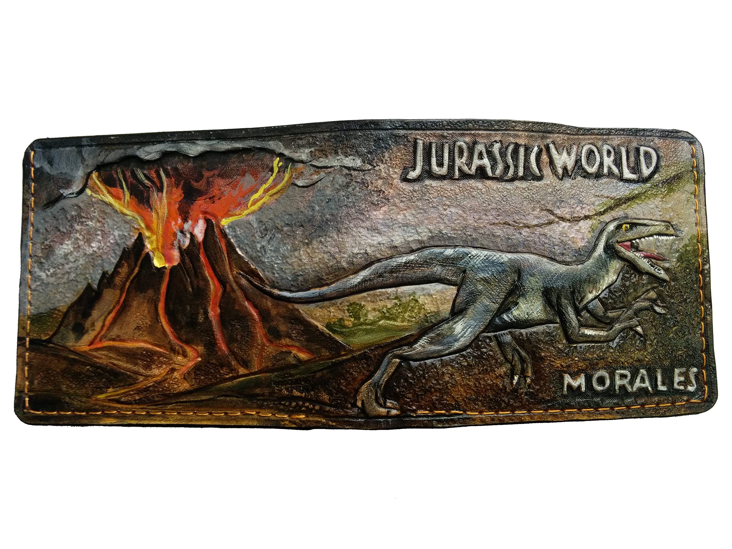 Handmade 3D Genuine Leather Dinosaur Volcano Eruption Wallet - Blue Velociraptor Carved Bifold Wallet for Men - Custom Airbrush Art Personalized Tooled Leather Wallet - Perfect Gift for Dinosaur Lovers & Collectors