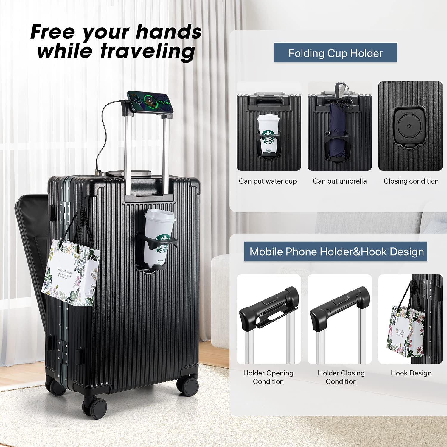 MRPLUM 20 Inch Black Hardside Spinner Wheel Carry On Luggage with TSA Lock, USB Charging Port, Cup Holder & Phone Holder - Perfect for Business Travel, Weekend Getaways & Airplane Cabin Use