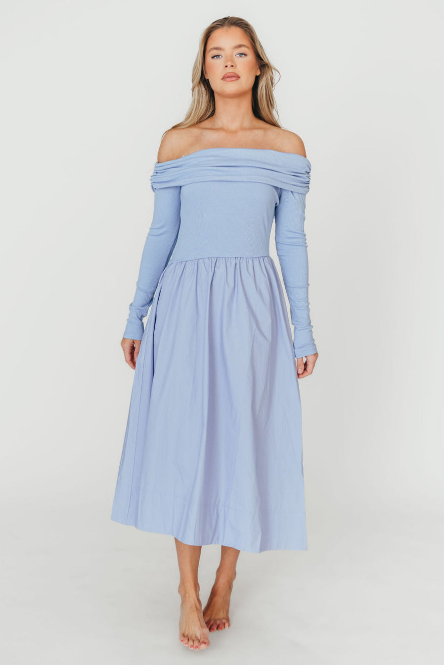 Elegant Blue Francis Long Sleeve Off Shoulder Midi Dress for Women | Flowy Party & Wedding Guest Dress | Perfect for Date Night, Cocktail Events & Fall Weddings