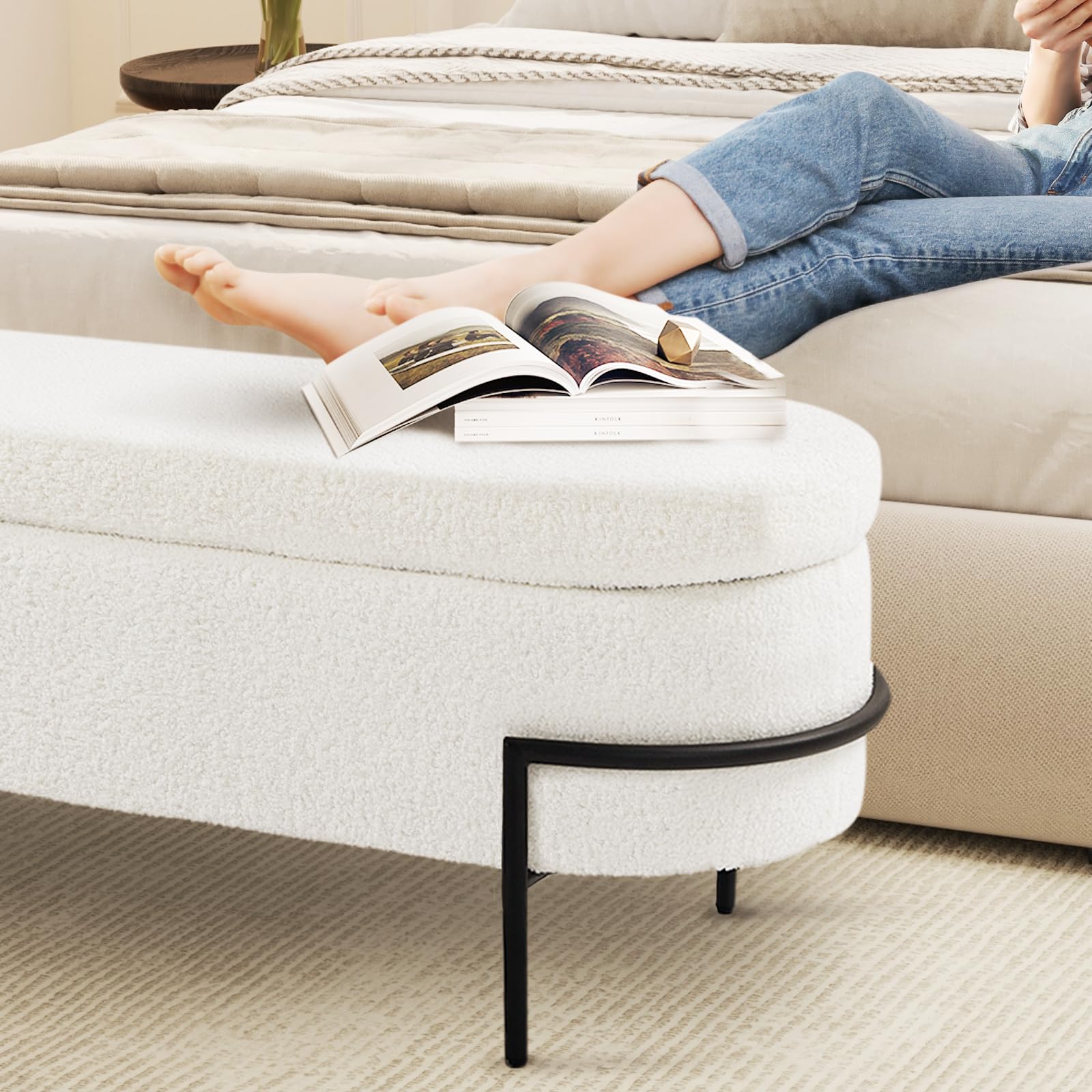 White Storage Bench Ottoman with Sherpa Upholstery - 45