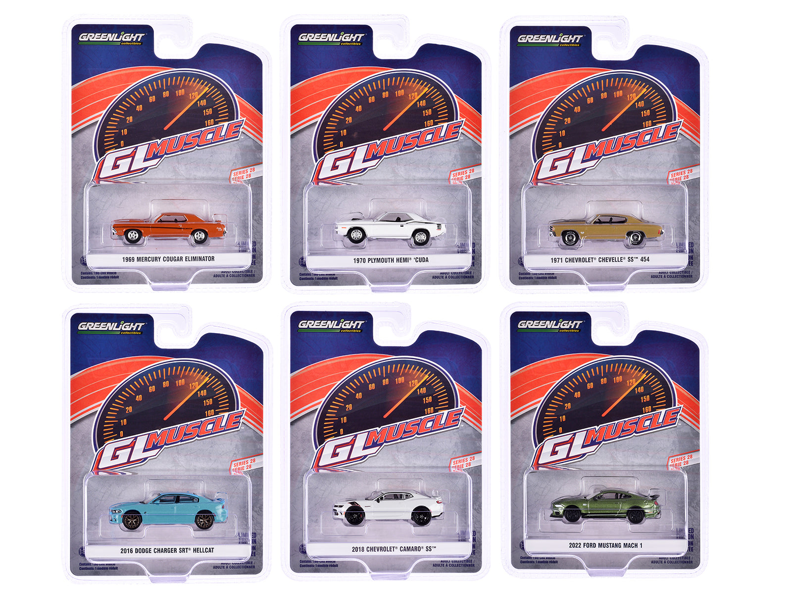 GreenLight Muscle Set of 6 Pieces Series 28 1/64 Scale Diecast Model Cars - Collectible Miniature Muscle Cars for Display, Gifts & Racing Enthusiasts