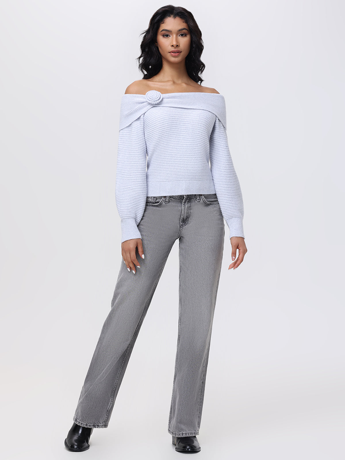 Elizabeth Off The Shoulder Rosette Sweater - Women's Elegant Knit Pullover for Date Night & Fall Fashion