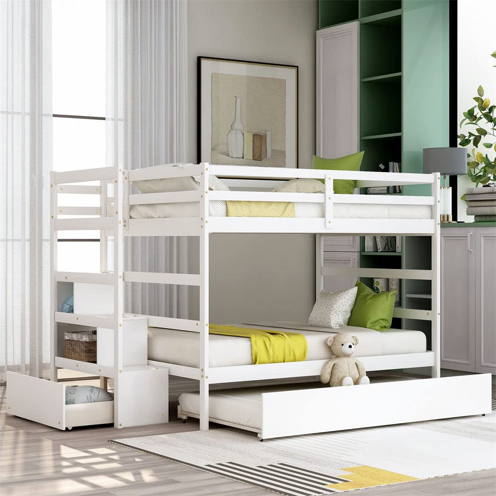 **Full Over Full Bunk Bed with Trundle, Stairs & Storage Drawers - Wooden Bunk Bed Frame with Guardrail, Shelves & Handrail - Space-Saving Teen Bunk Bed, No Box Spring Needed, White - Perfect for Kids' Rooms, Guest Rooms & Small Spaces**