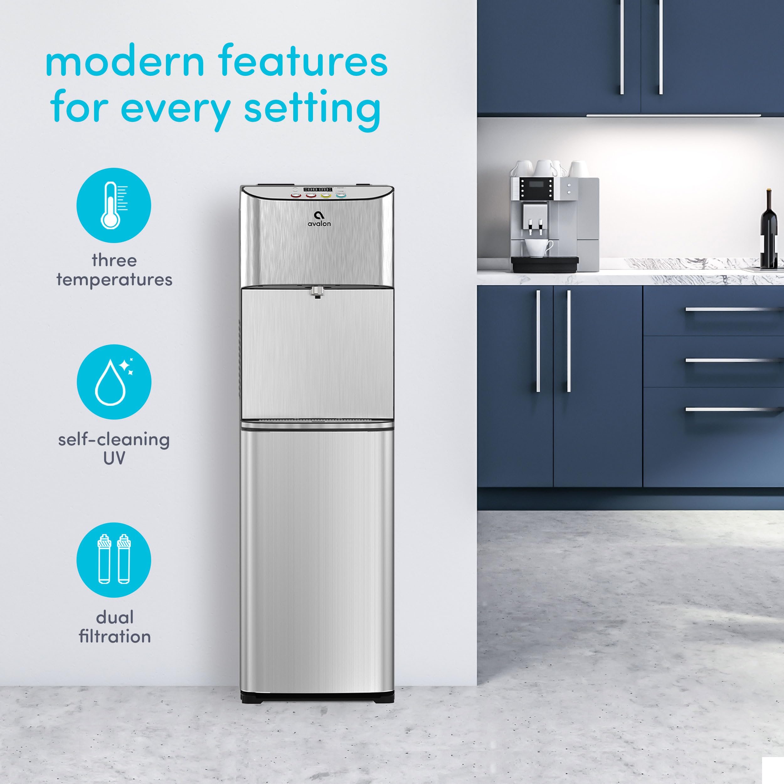 Avalon Electric Bottleless Water Cooler Dispenser - 3 Temperature Settings, Digital Display with Clock & Temp Control, Self-Cleaning Stainless Steel Water Dispenser for Home & Office Use