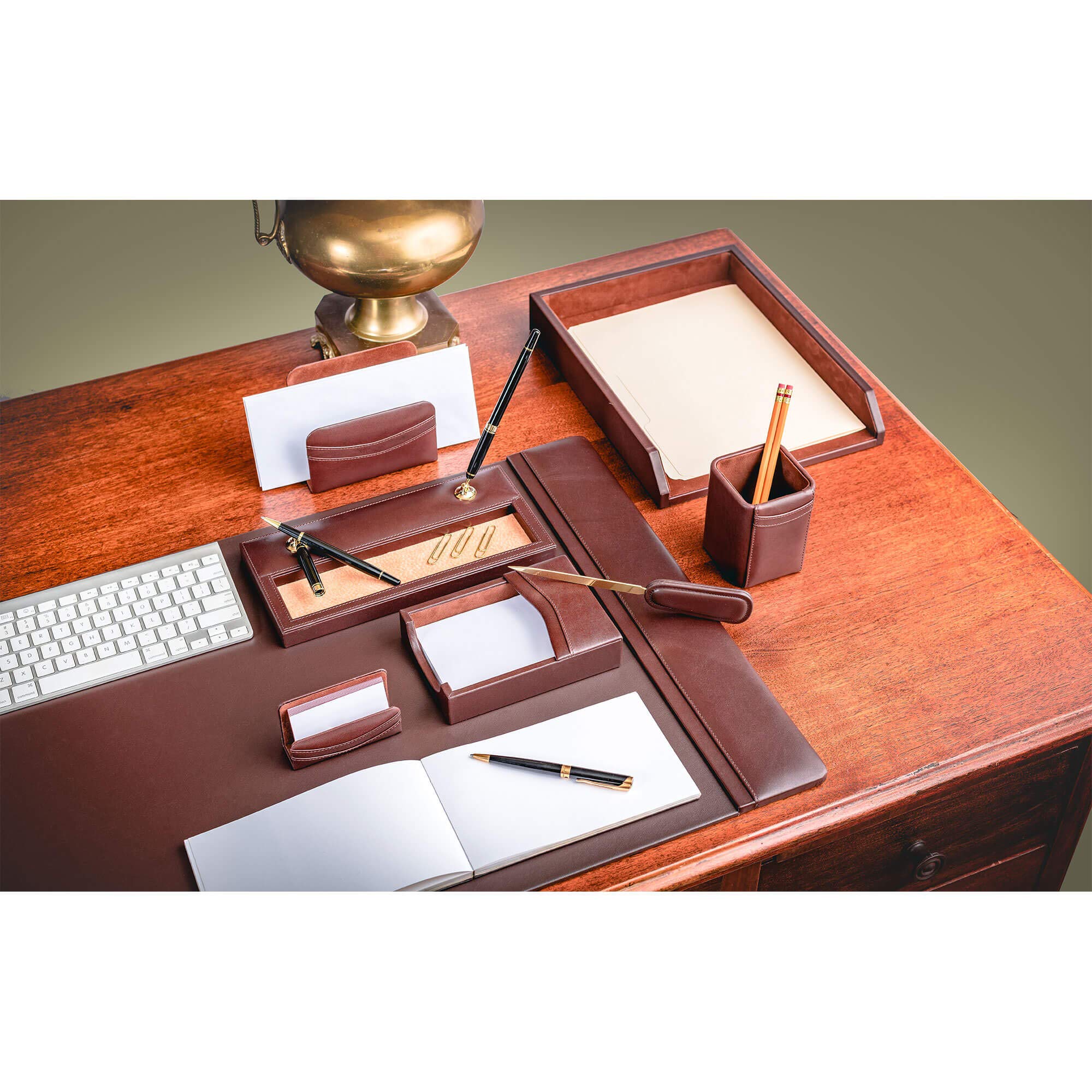 Premium Dacasso Classic Leather Desk Set - 8-Piece Office Organizer in Chocolate Brown | Perfect for Executive Desks, Home Offices & Professional Workspaces