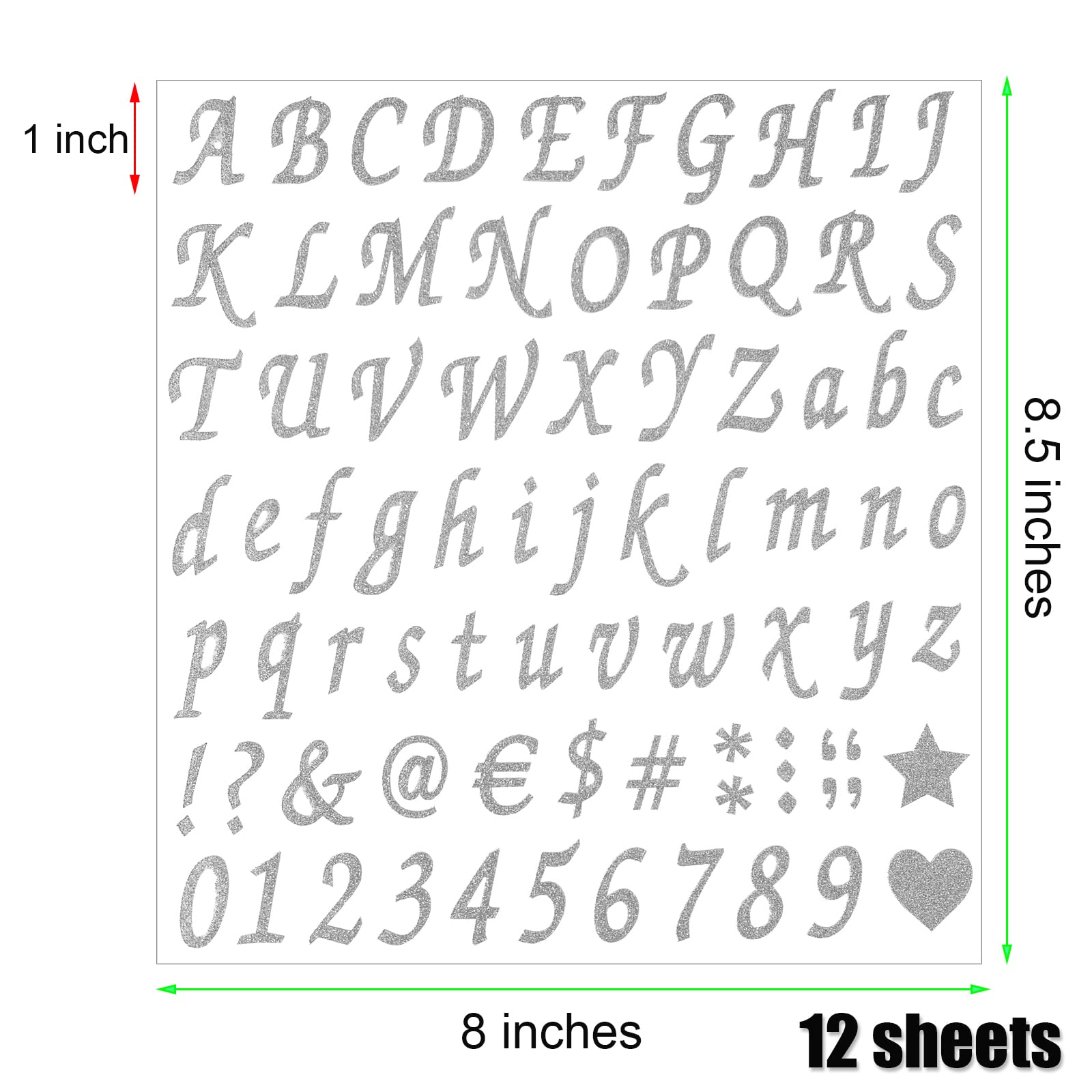 12 Sheets Self-Adhesive Glitter Alphabet & Number Stickers - Silver Letter Decals for Mailbox, DIY Crafts, Scrapbooking, Graduation Cap Decoration, Classroom Decor, Business Signs & Car Decals - Perfect for Address Marking & Creative Projects