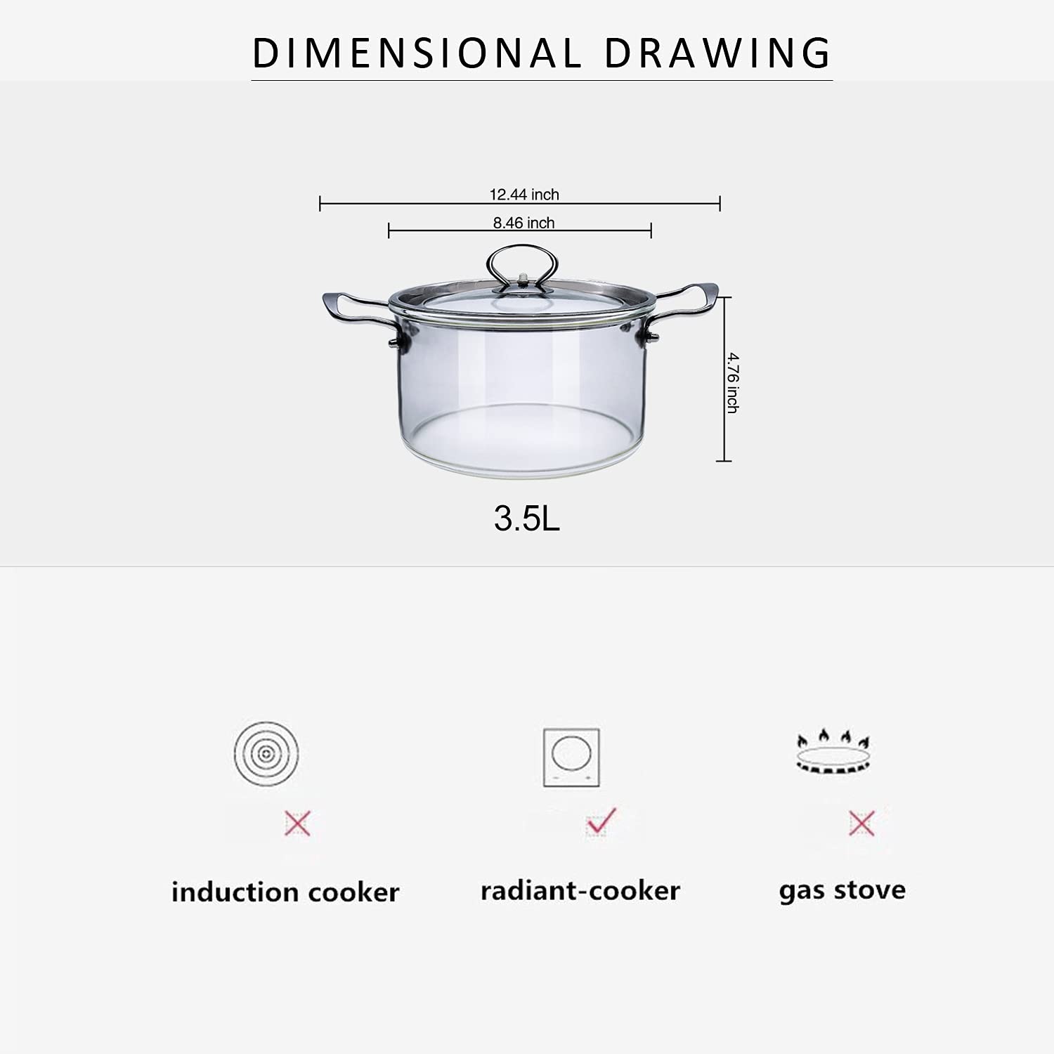 ABHOME 3.5L Glass Cooking Pot with Lid - Heat Resistant Stovetop Saucepan with Stainless Steel Handles for Soup, Milk, Pasta & Baby Food - Perfect for Kitchen, Camping & Family Meals