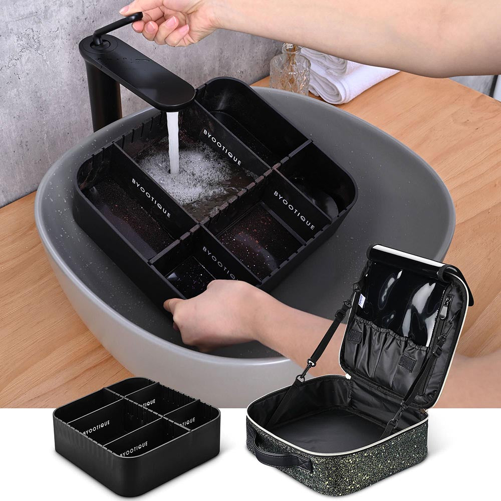 TheLAShop Glitter Makeup Case - Waterproof Brush Organizer with Lid & Adjustable Dividers | Perfect for Travel, Home Vanity & Professional Makeup Artists