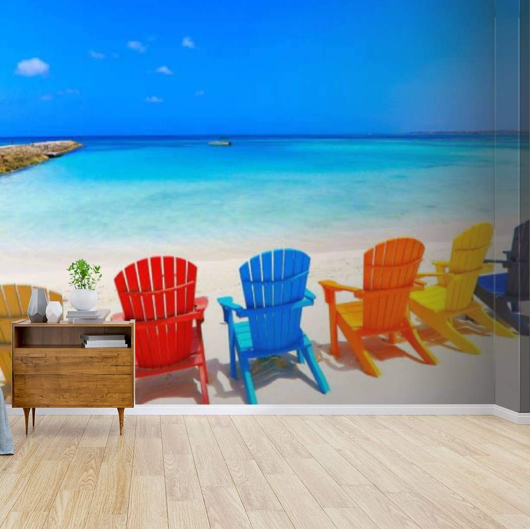 Tropical Turquoise Beach Canvas Print - Colorful Adirondack Chairs Wall Mural | Self-Adhesive Peel & Stick Wallpaper for Living Room, Bedroom & Office Decor | Beach Theme Home Craft Wall Decal