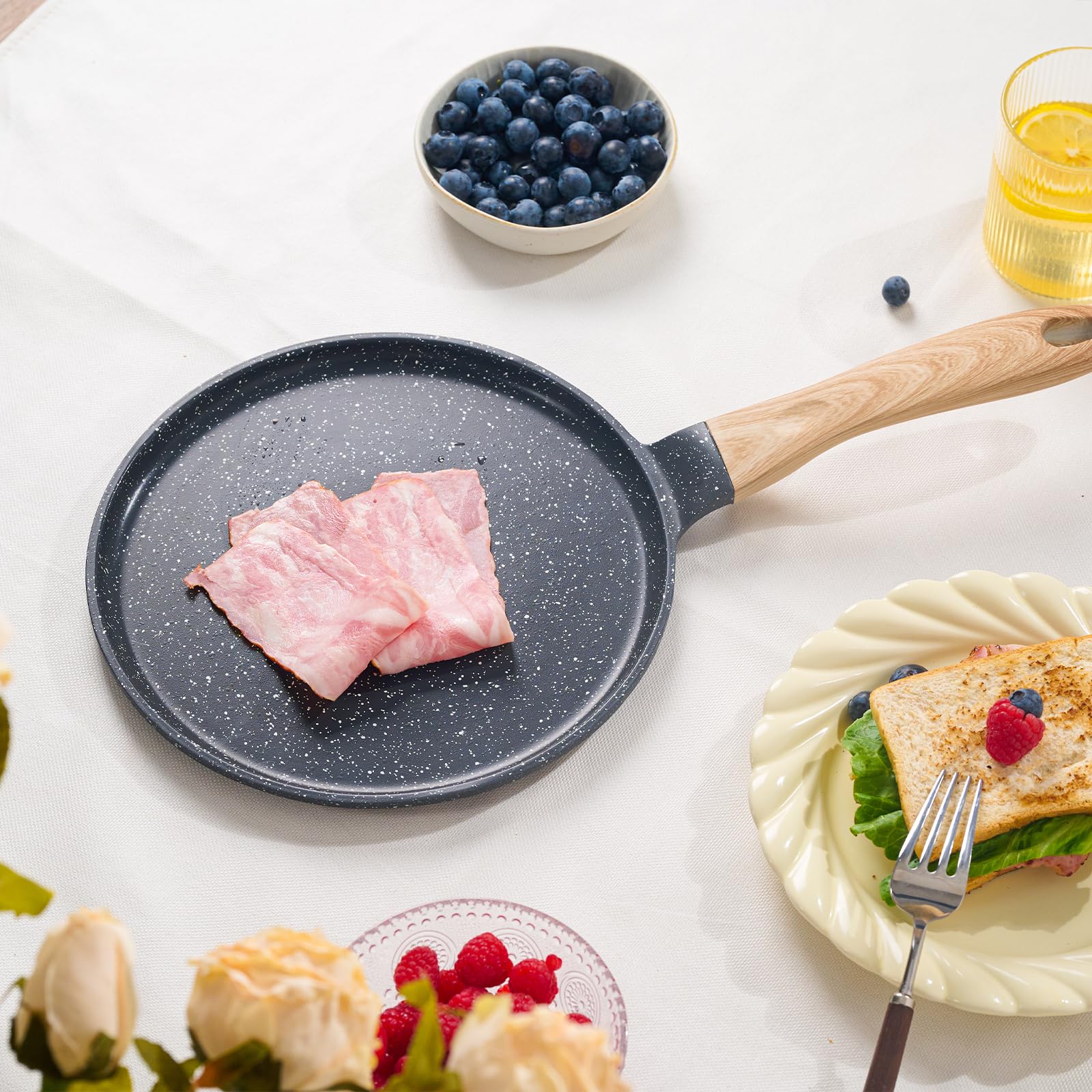 **JEETEE 9.5 Inch Nonstick Crepe Pan - Granite Coating Griddle Pan for Tortillas, Pancakes, Dosa & More - PFOA Free, Induction Compatible, Stovetop Safe (Grey) - Perfect for Breakfast, Brunch & Family Cooking**