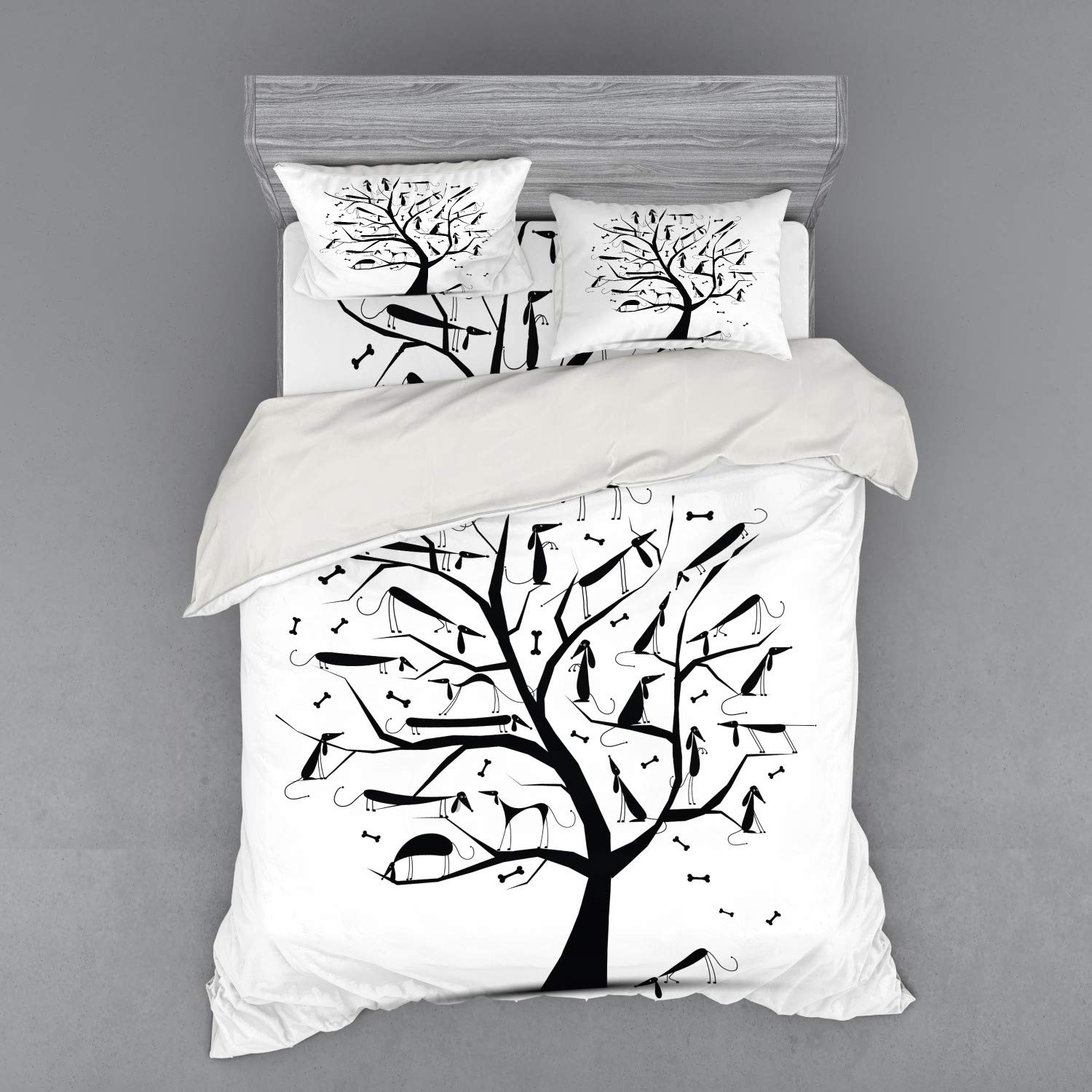 Ambesonne Abstract Bedding Set - Monochrome Autumn Tree with Dachshund Silhouettes, 4-Piece Duvet Cover Set with Shams & Fitted Sheet, Queen Size Black & White - Cozy Fall Bedroom Decor for Pet Lovers