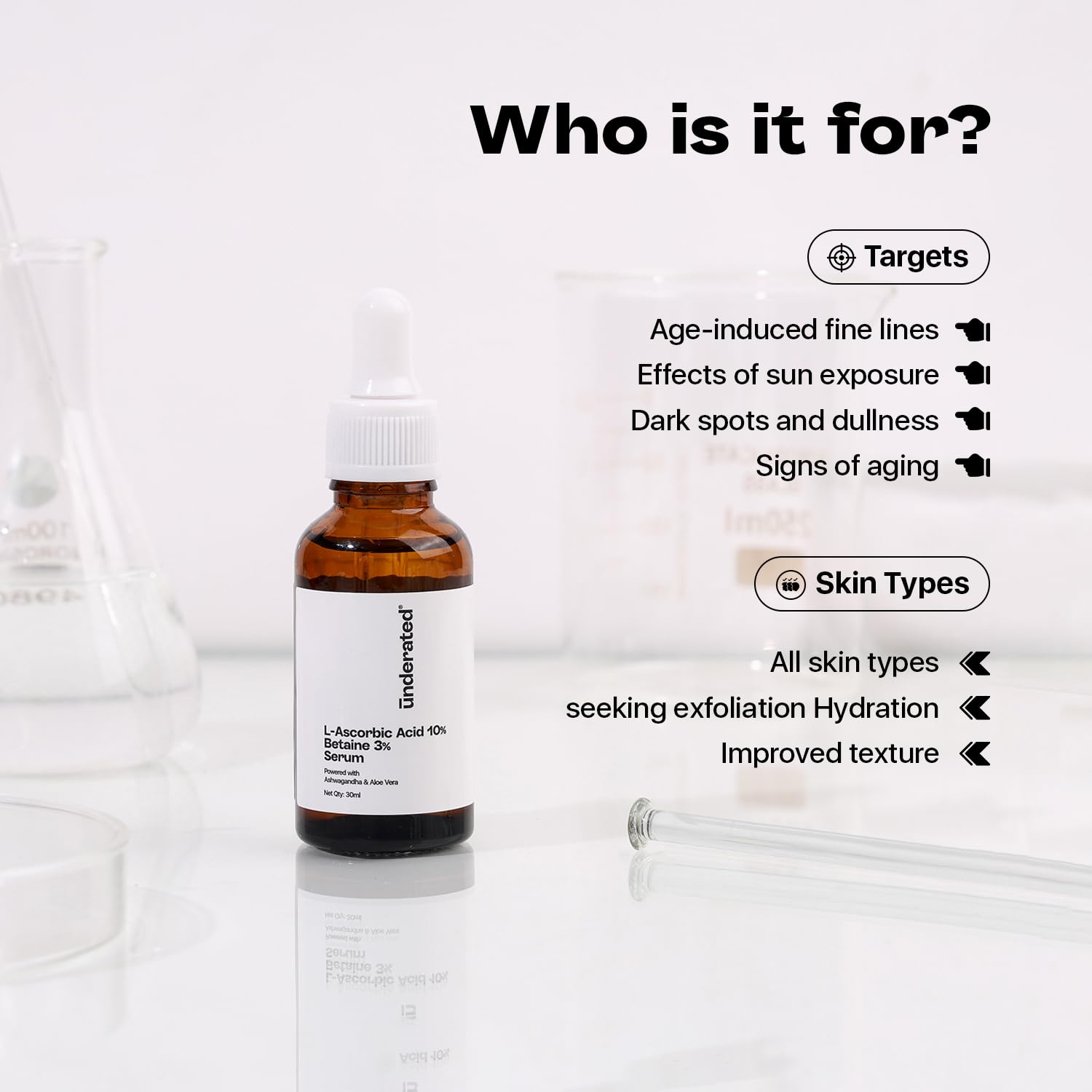 UNDERATED Vitamin C Serum for Face - 10% L-Ascorbic Acid & 3% Betaine with Ashwagandha & Aloe Vera | Brightening Serum for Glowing Skin, Moisture Lock, Even Skin Tone & Texture Revival | 30ml | Perfect for Daily Skincare Routine & Anti-Aging Treatment