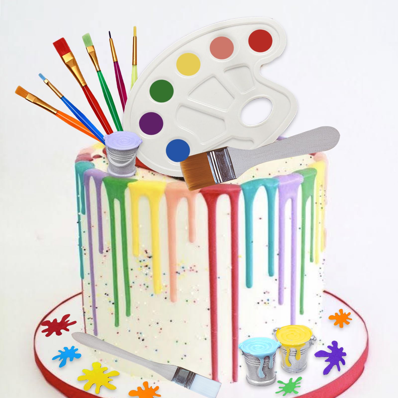 26 Pcs Art Cake Topper Set - Paint Cake Decorations with Paint Pen, Brush, Palette & Bucket for Kids Birthday, Baby Shower & Art Themed Parties - Perfect for DIY Cake Decorating and Creative Dessert Displays