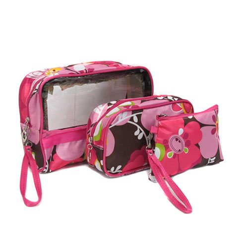 Stylish Pink & Brown Floral Print Cosmetic Makeup Pouch Set of 3 - Waterproof Travel Organizer for Toiletries, Brushes & Jewelry | Perfect for Travel, Gym & Daily Use
