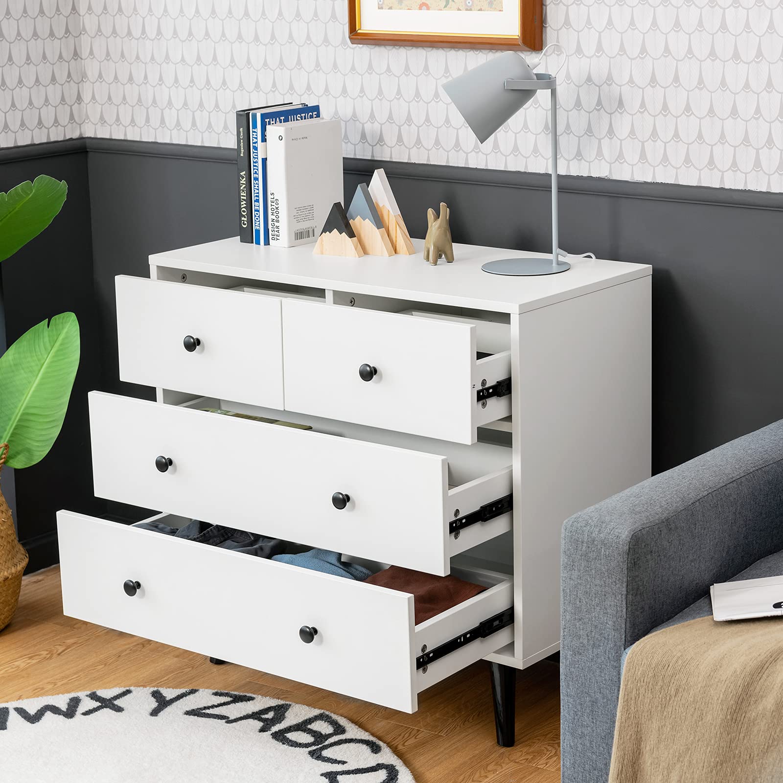 Giantex 4-Drawer Storage Cabinet with Spacious Drawers & Metal Handles - Sturdy Wooden Organizer for Living Room, Hallway, Office - White | Perfect for Home Organization, Closet Storage & Office Supplies