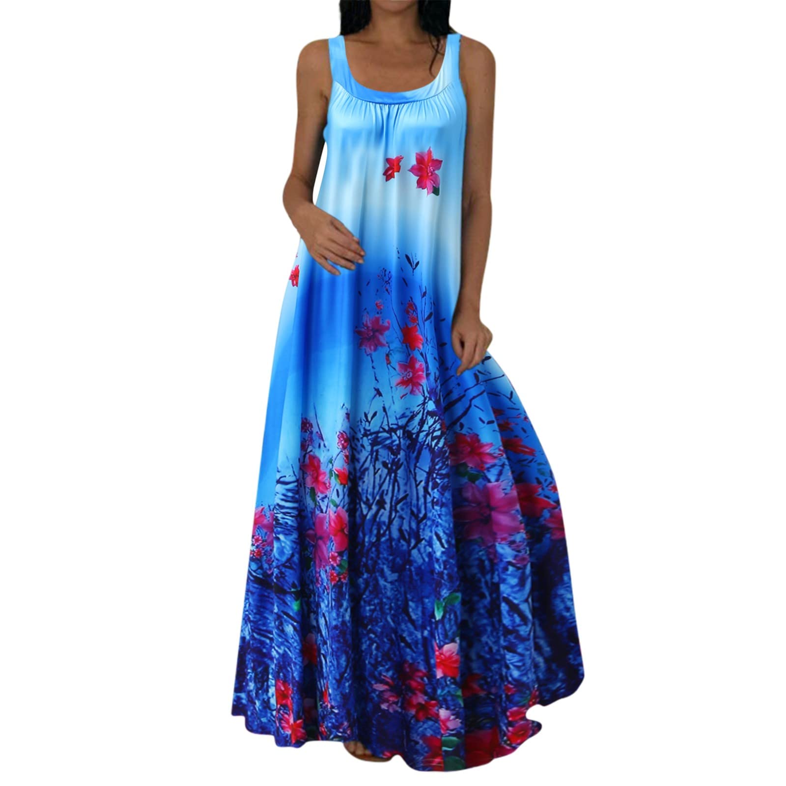 Women's Summer Sexy Sleeveless Round Neck Long Maxi Boho Beach Dress - Loose Flowy Vacation Dress for Beach Parties, Date Nights & Summer Outings