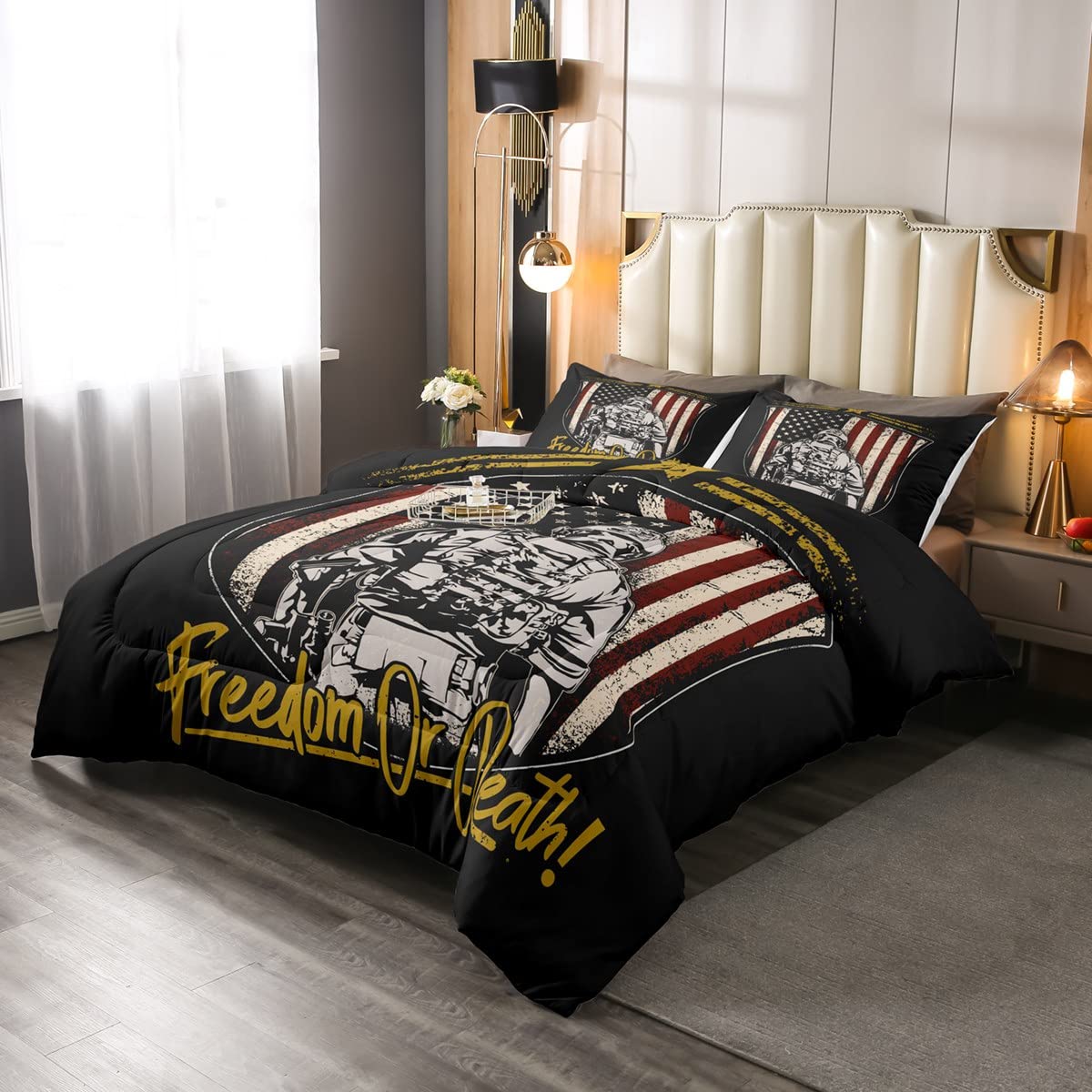 American Flag Military Comforter Set - Queen Size Patriotic Bedding with 1 Comforter & 2 Pillowcases - USA Flag Design for Boys Room, Soldier & Guns Theme - Perfect for Kids Bedroom, Veterans Day Decor & Patriotic Home Styling