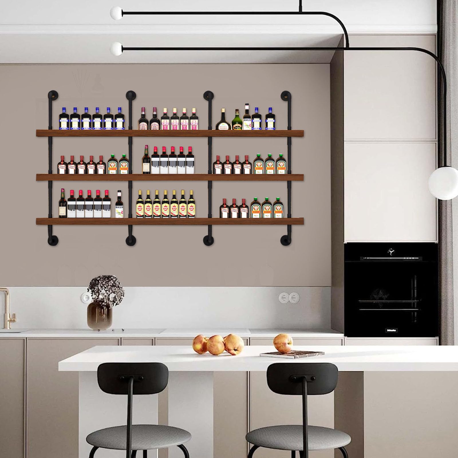 Premium Solid Wood Wall Mounted Wine Rack with LED Lights - Large Floating Shelf for Liquor Bottles Storage (47.2x8.7x47.2in, Black) - Perfect for Home Bar, Dining Room Decor & Modern Kitchen Display