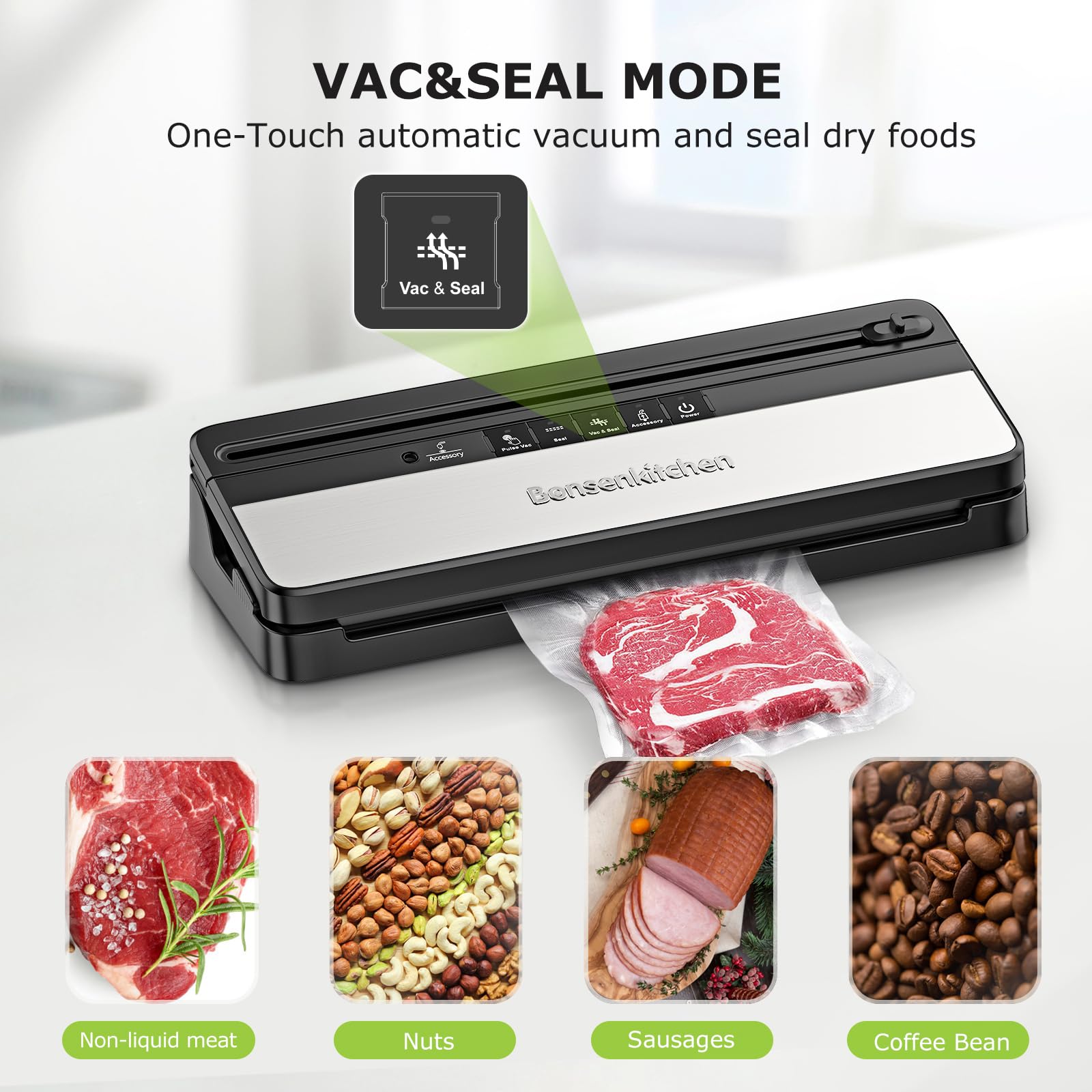 Bonsenkitchen Vacuum Sealer Machine - Automatic Food Sealer with 50 Bags & 1 Roll, Built-in Cutter | High-Speed Continuous Sealing for Meat, Cheese, Vegetables | Compact Design for Kitchen, Camping & Meal Prep (Black)