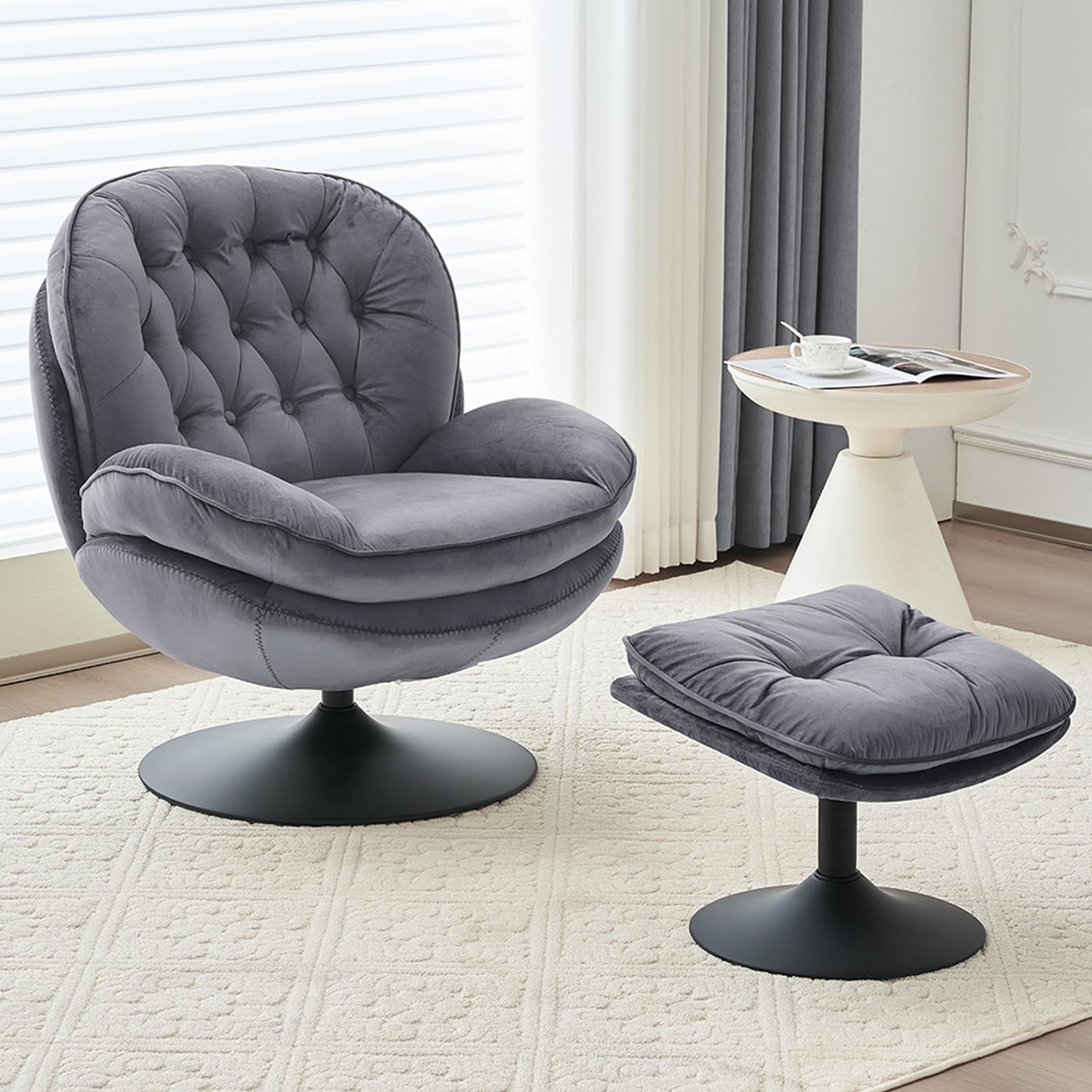Velvet Swivel Accent Chair with Ottoman Set - Modern Tufted Armchair & Footrest for Living Room, Bedroom - 360 Degree Swivel Lounge Chair for Adults - Grey - Perfect for Reading, Watching TV or Relaxing