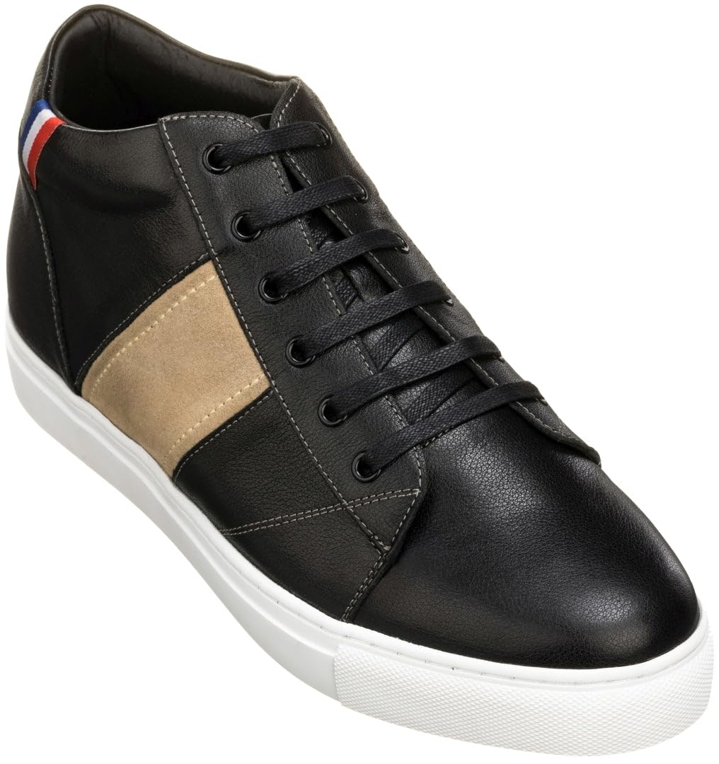 CALTO Men's Invisible Height Increasing Elevator Shoes - Black Leather Midtop Lace-up Casual Sneakers - 2.8 Inches Hidden Lift - Size 8 D(M) US - Perfect for Work, Dating & Formal Occasions