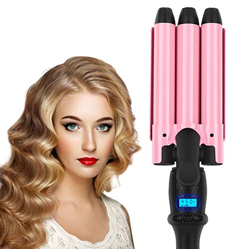 Aima Beauty 3 Barrel Waver Hair Curling Iron - 0.9 Inch (22mm) Adjustable Temperature LCD Display, Dual Voltage for Beach Waves & Loose Curls - Perfect for Home Styling, Salon Use & Travel (Pink)