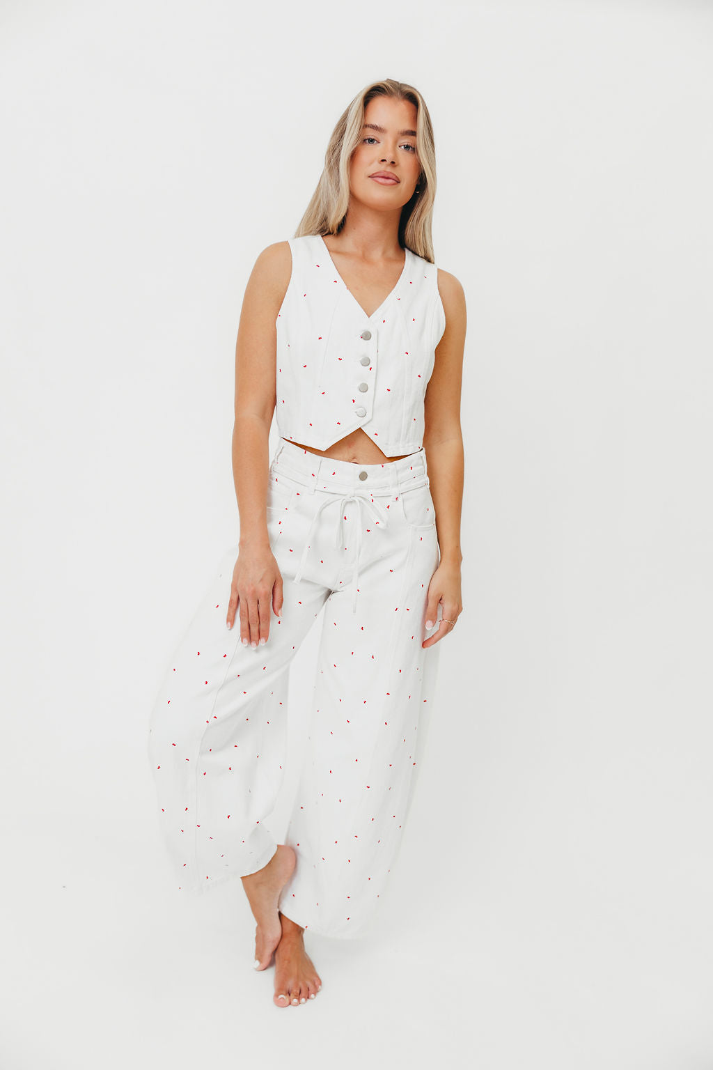 100% Cotton Mini Bow Print Twill Vest for Women - Off White Dolly Style | Casual Outfits, Spring Layering & Office Wear