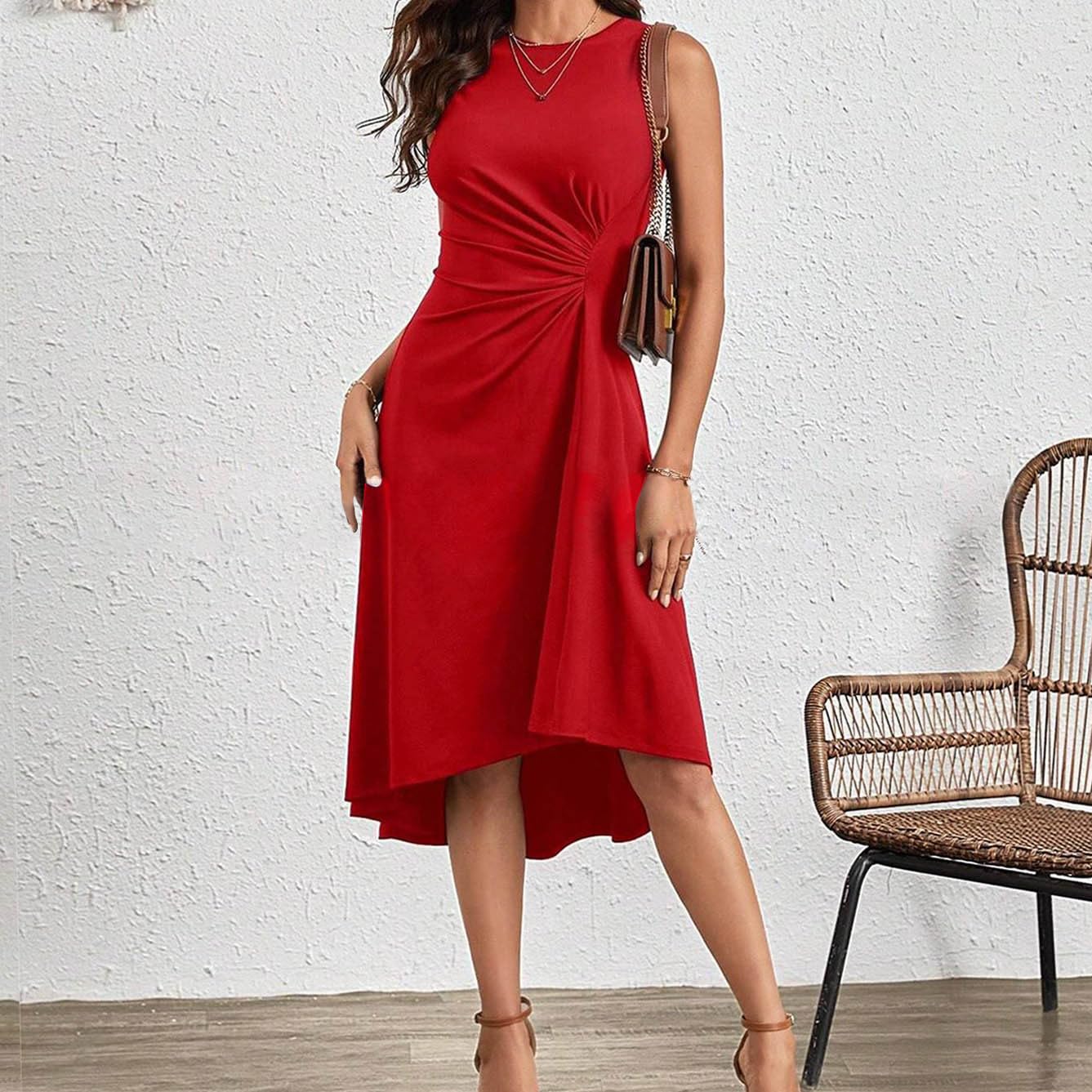 Elegant Semi-Formal Dresses for Women 2024 | Sleeveless High-Low Cocktail Dress with Ruched Detail | Midi Graduation Party Dress for Girls | Perfect for Weddings, Prom & Special Occasions