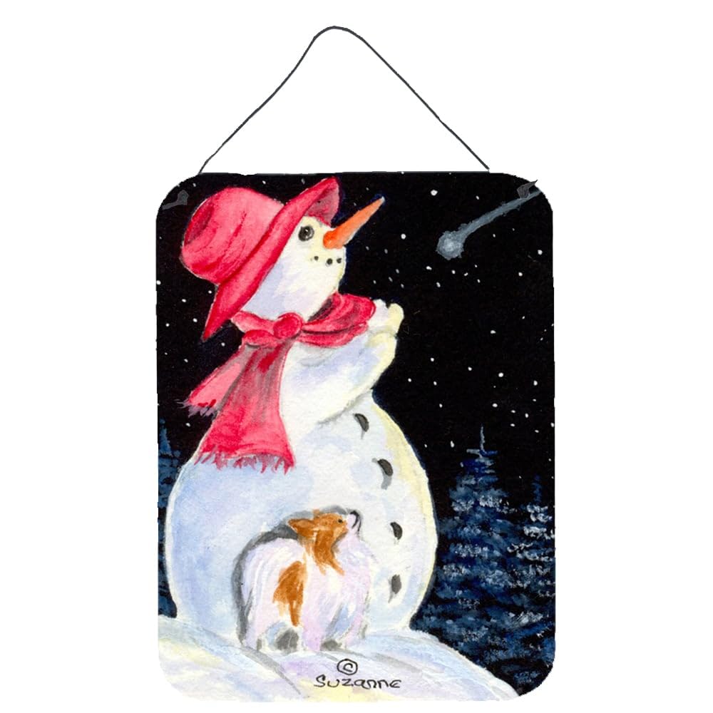 Snowman with Papillon Dog Metal Wall Art - 12x16 Inch Aluminum Sign for Kitchen, Bar, Bathroom & Front Door Decor | Seasonal Holiday Home Decoration | Indoor & Outdoor Use
