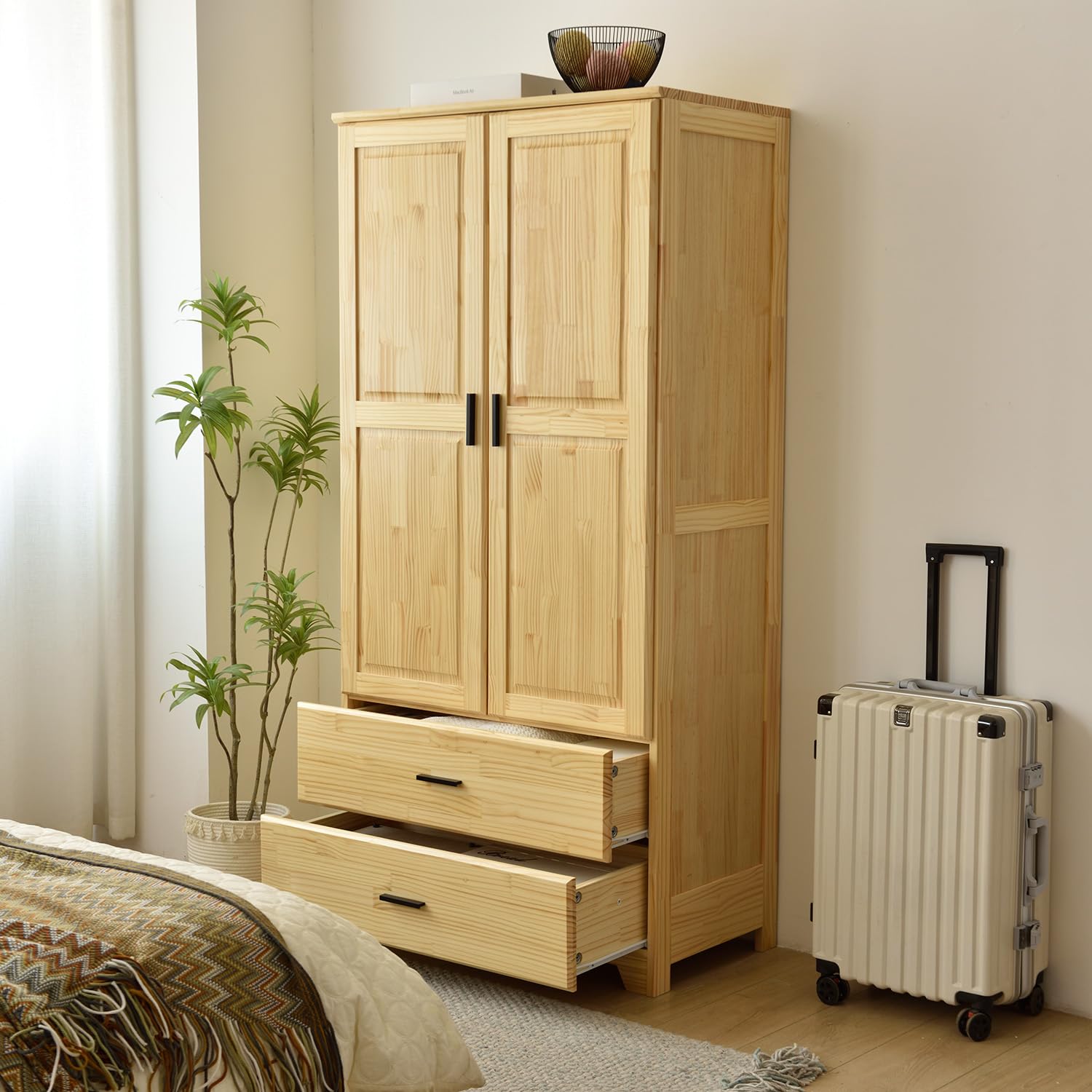 Solid Pine Wood Closet with Raised Doors & 2 Drawers - Natural Finish Wooden Wardrobe for Bedroom Storage & Organization | Perfect for Home, Apartment, Dorm Room Closet Space Saving Solution