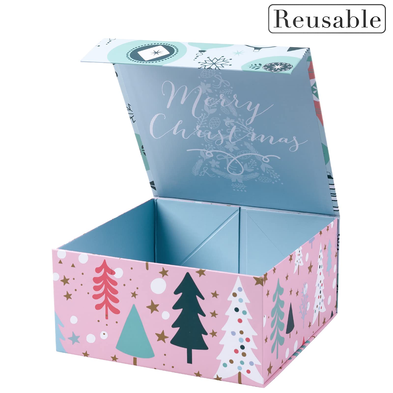 WRAPAHOLIC Christmas Gift Box with Lid - 8x8x4 Inch Pink & Blue Ornament Design Collapsible Box with Magnetic Closure & 2 Tissue Papers | Holiday Present Wrapping, Party Favors, Wedding Decorations