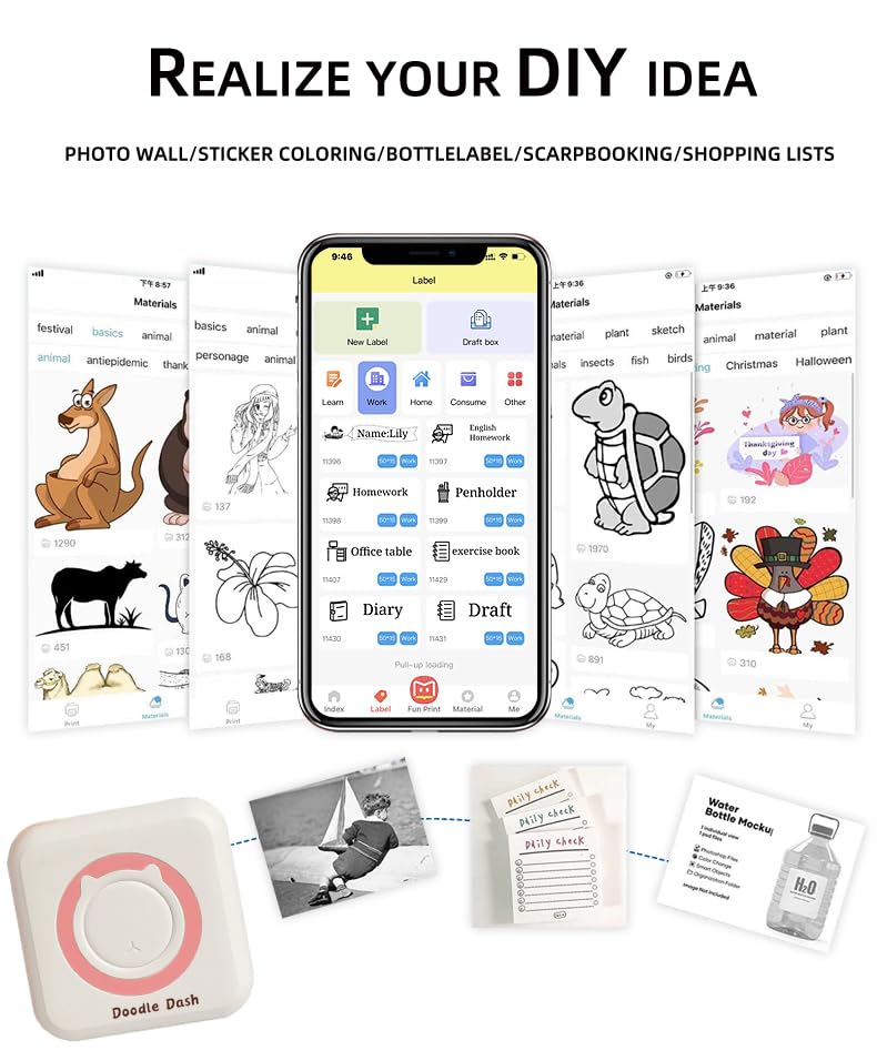THCBME Doodle Dash G1 Mini Sticker Printer - Wireless Inkless Bluetooth Thermal Printer for Kids, 5 Rolls Printing Paper Included - Perfect for DIY Stickers, School Projects & Photo Printing (Yellow)