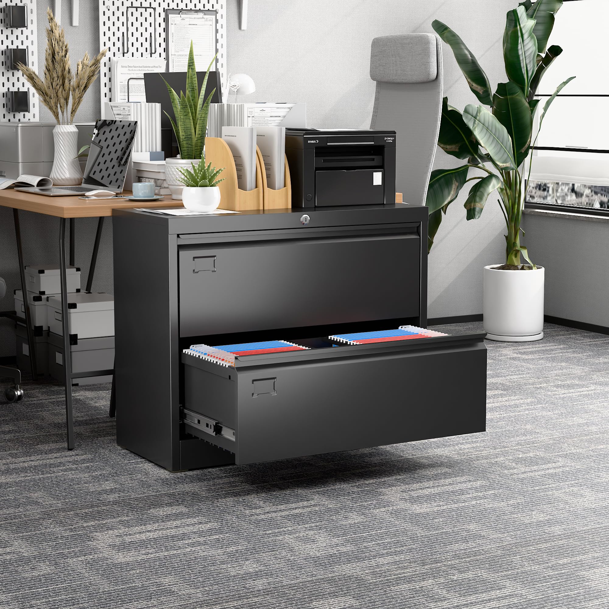 METAN 2-Drawer Metal Lateral Filing Cabinet - Locking Steel File Storage for Legal/Letter/A4 Documents - Black Home Office Organizer | Perfect for Office, Study Room & Home Workspace Organization