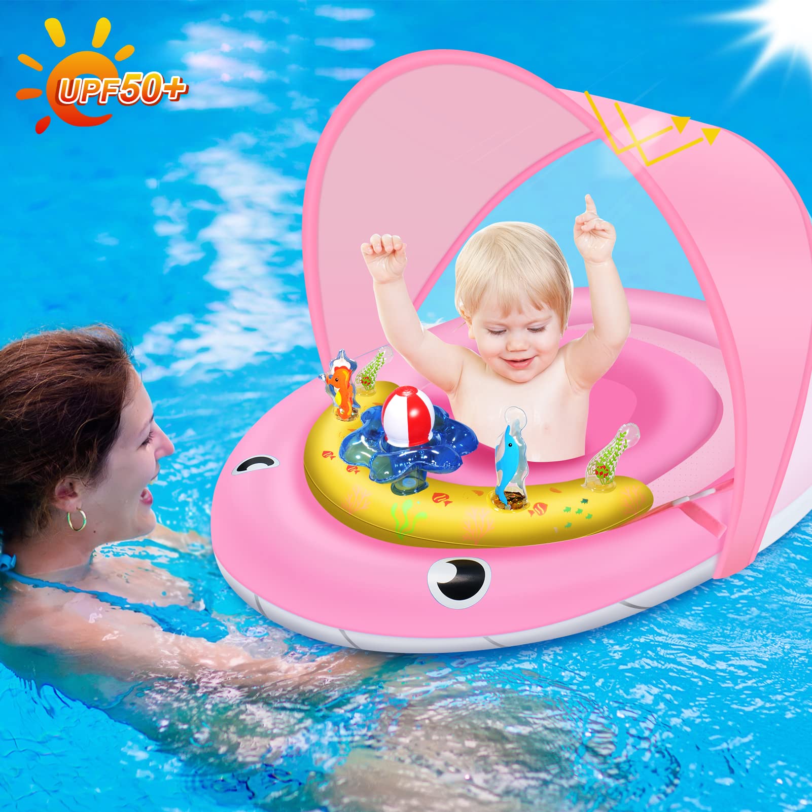 UPF50+ Baby Pool Float with Canopy - Inflatable Infant Swimming Ring for 6-24 Months | Adjustable Safety Seat Bath Floatie & Toy Play Console | Perfect for Backyard Pools, Beach Trips & Bathtime Fun
