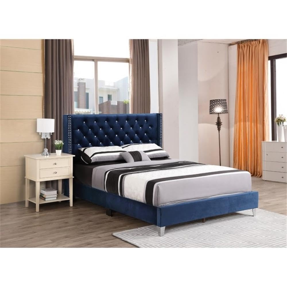 Glory Furniture Julie Navy Blue Velvet Upholstered Queen Size Bed Frame - Luxurious Bedroom Furniture for Master Suite & Guest Room Decor