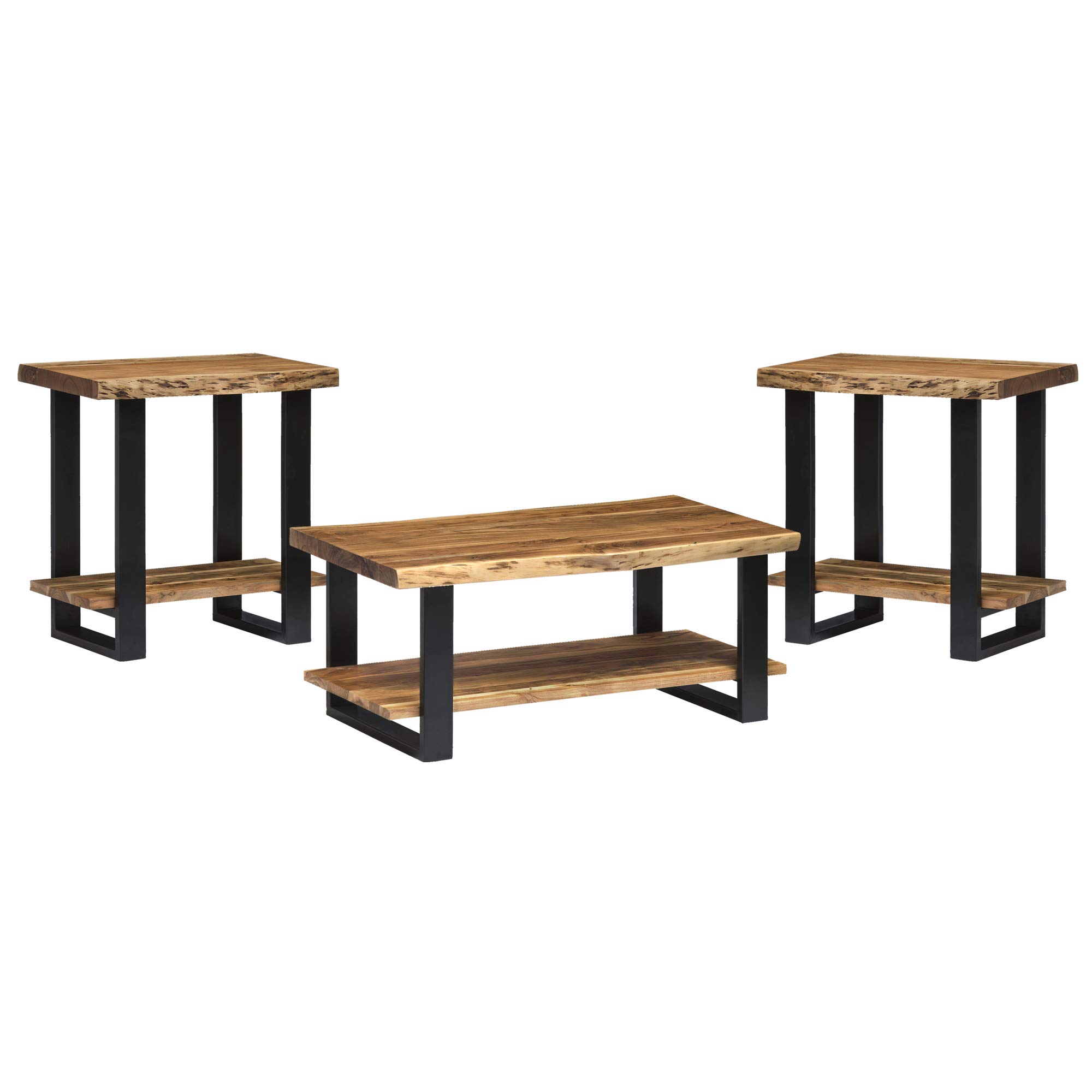 Alpine Natural Live Edge Acacia Wood 2-Shelf End Table with Black Metal Accents & Nylon Floor Protectors - Industrial Rustic Mixed Material Coffee Table for Living Room, Bedroom, or Office